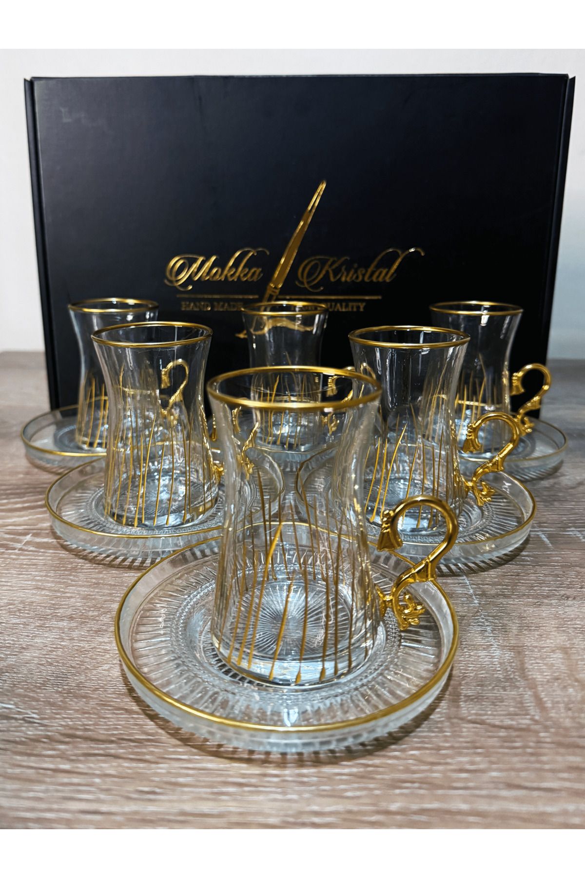 MOKKA Kristal Modern Yaldızlı Kulplu Çay Bardağı Seti 12 Parça