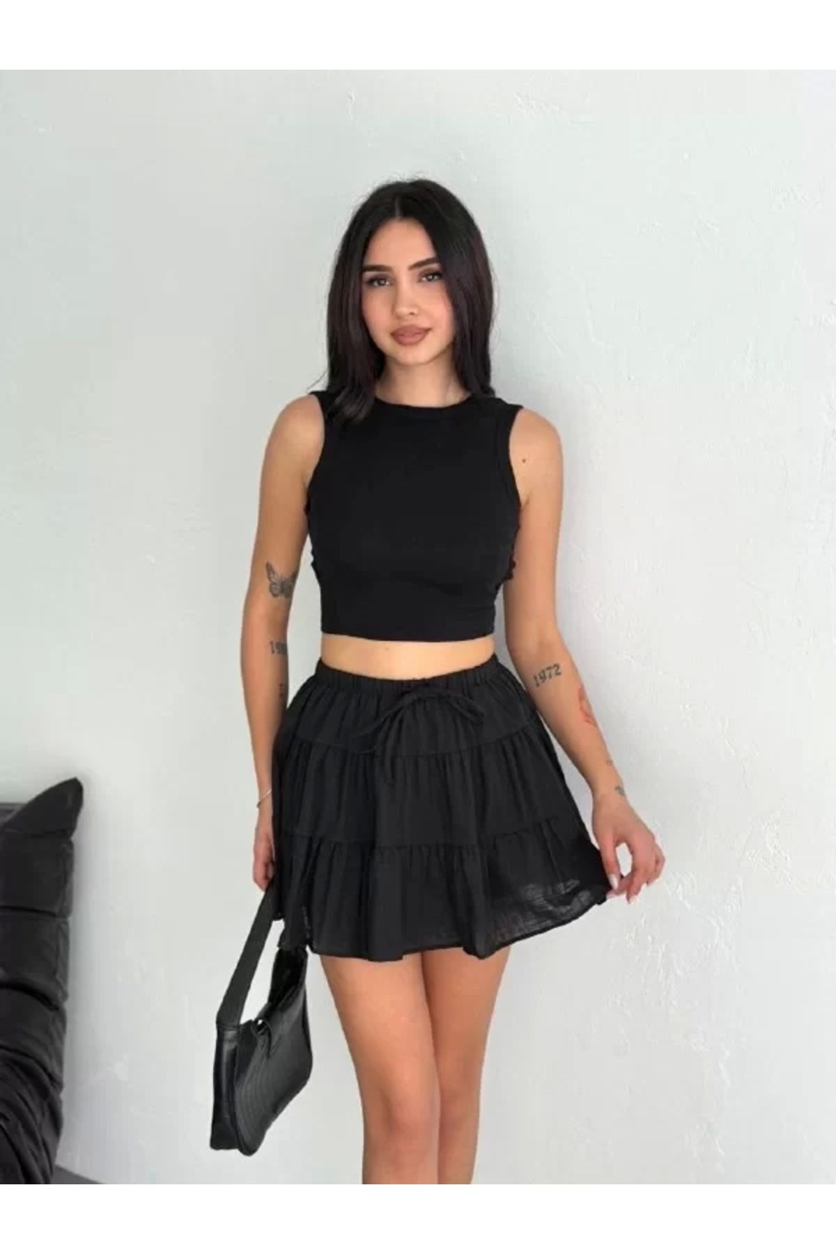 CVS Keten Şortlu Etek - Siyah