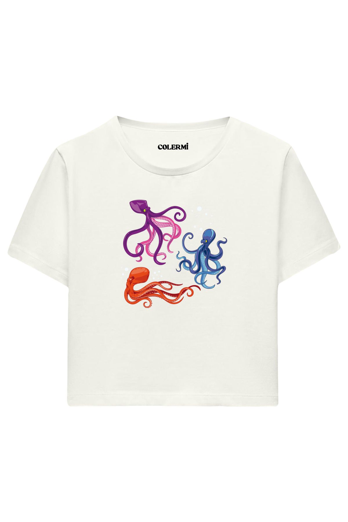 Colermi Renkli Ahtapot Baskılı %100 Pamuk Kadın Crop Tshirt