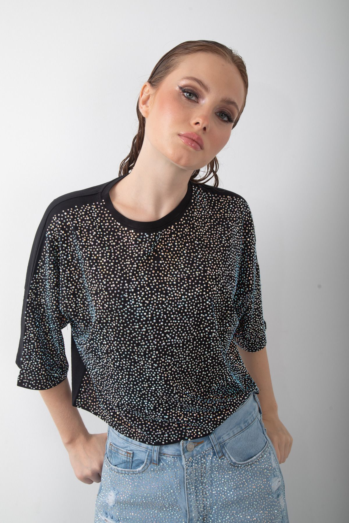 top girl Parlak Taş Detaylı Kadın Oversize Crop Tişört