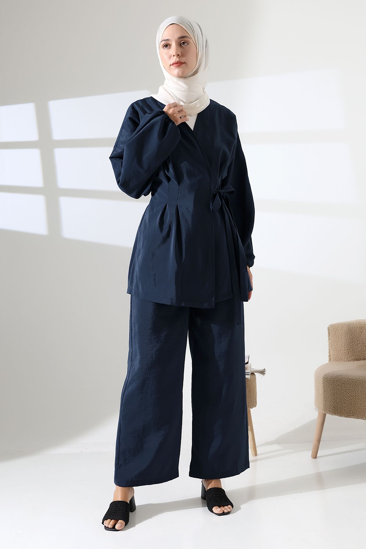 Mihran Butik Kadın 100% Pamuk Modal Lacivert Kimono Pantolon Tesettür Takım