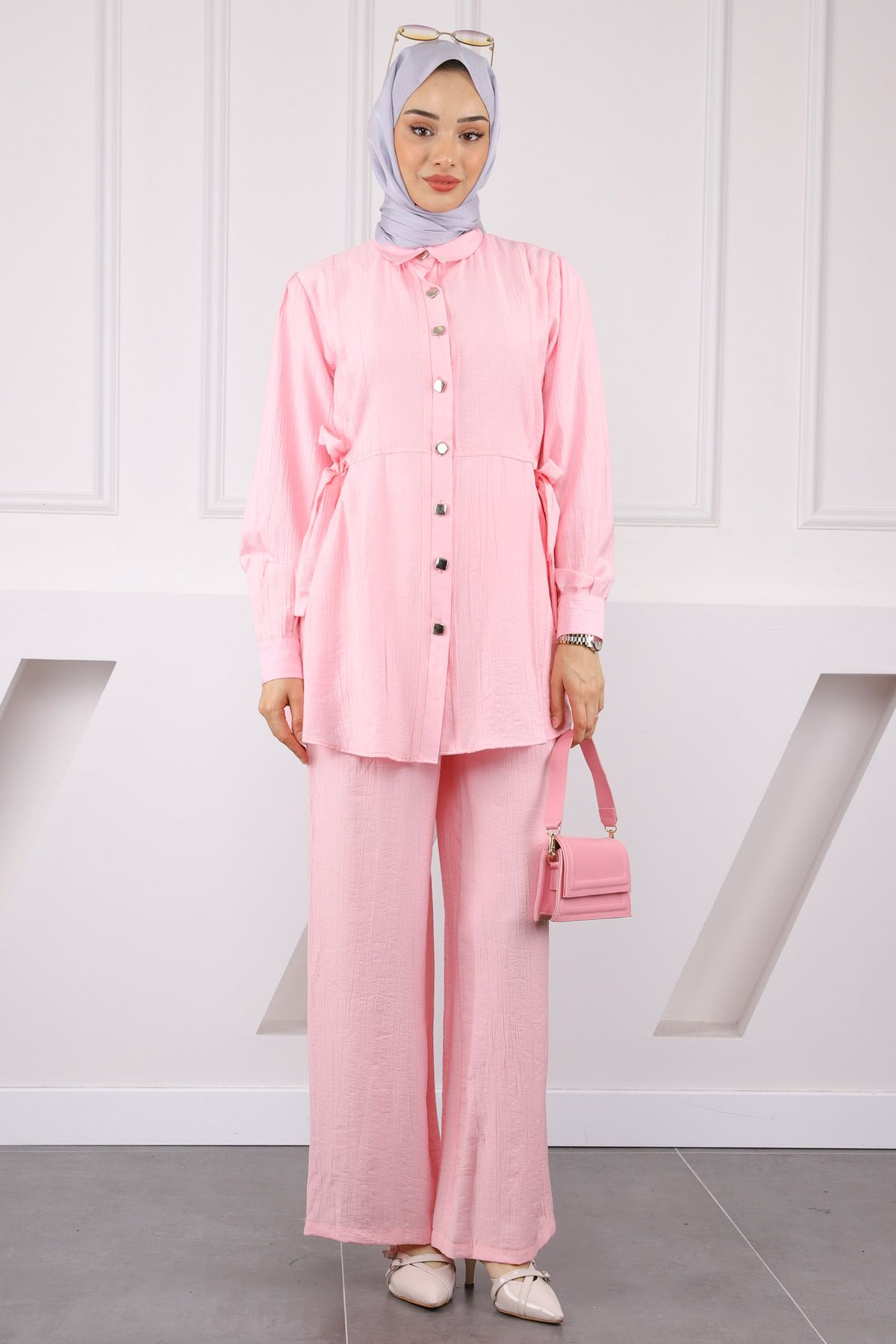 İmajButik Pembe Bel Bağlamalı Tunik Pantolonlu Takım