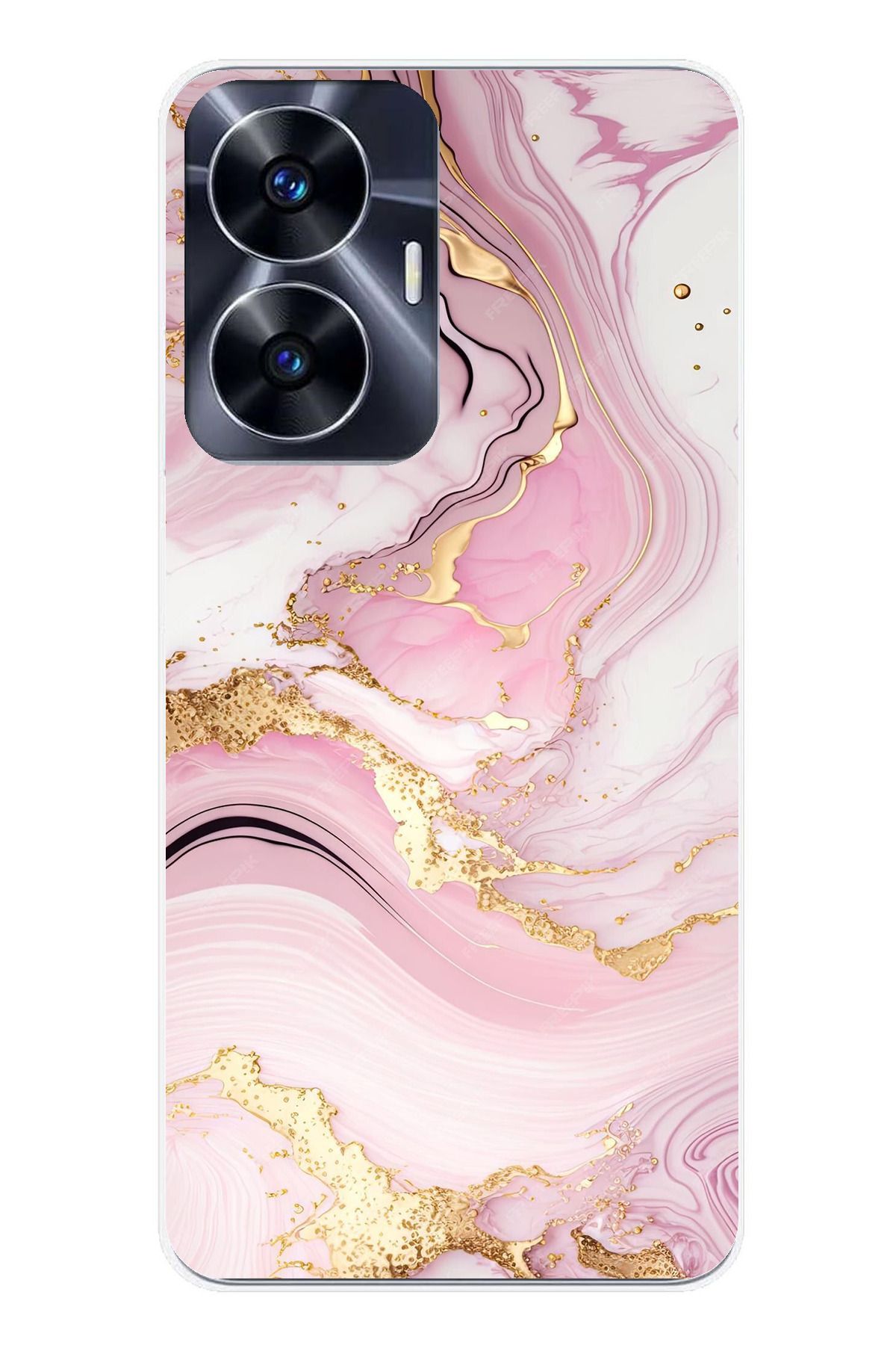 TechTree Realme C55 Uyumlu Pembe Mermer Şeffaf Silikon Kılıf