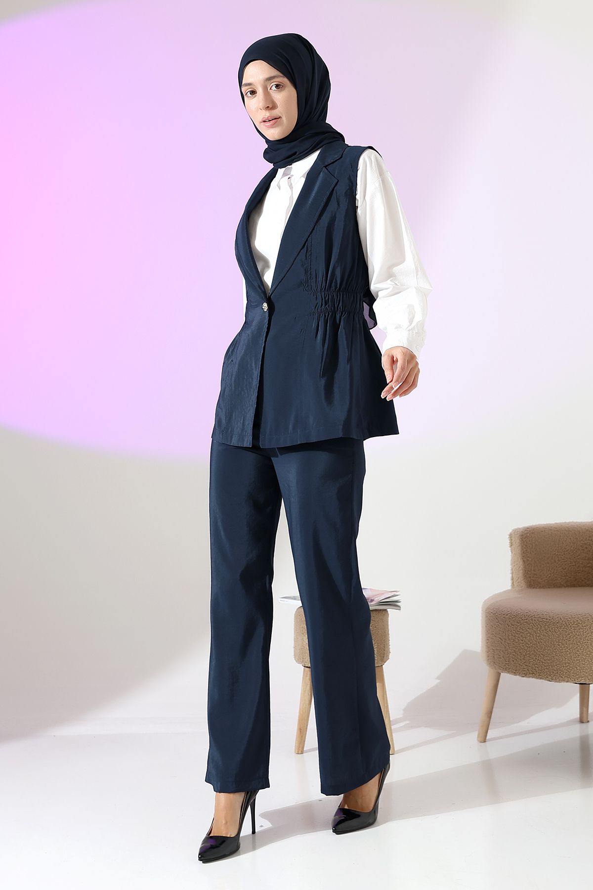 Mihran Butik Kadın 100% Pamuk Modal Lacivert Yelek Pantolon Takım