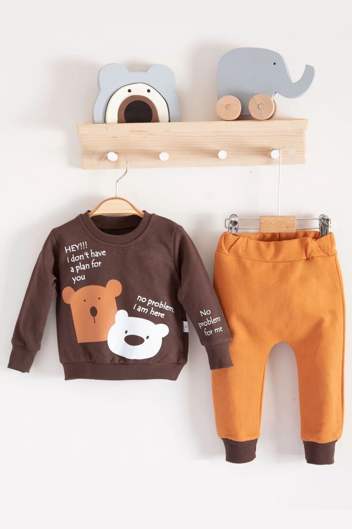 Shop58 No Problem Yazılı Bear Desenli 2'li Erkek Bebek Takımı