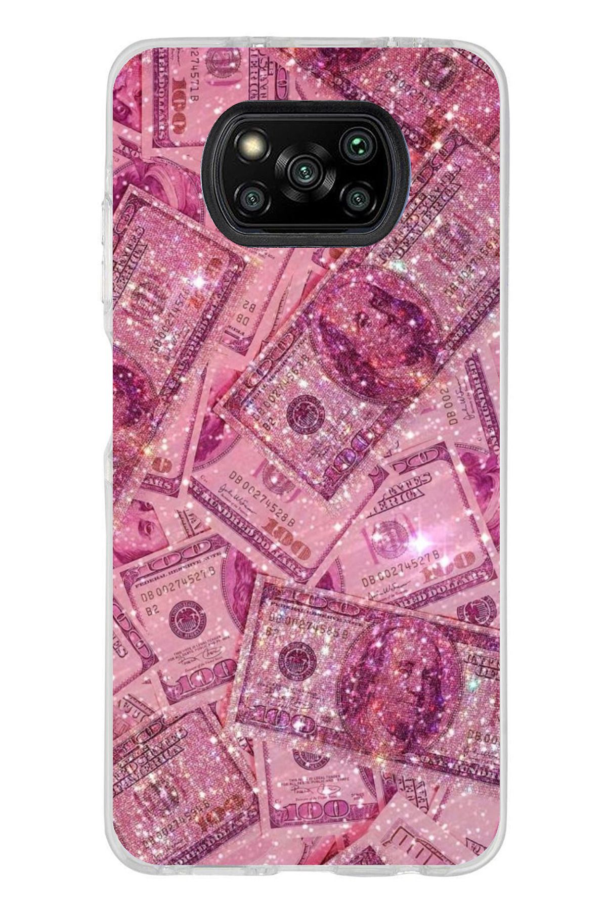 TechTree Poco X3 / NFC / PRO Uyumlu Pembe Işıltılı Dolarlar Şeffaf Silikon Kılıf