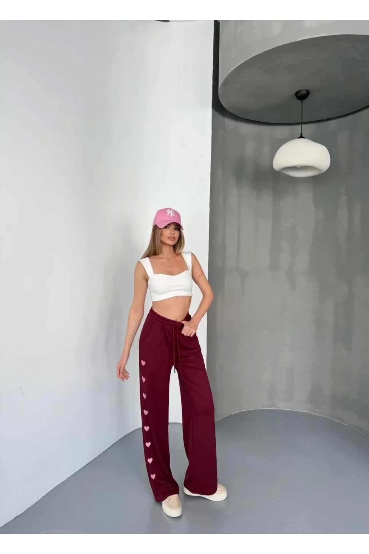 CVS Osy Modal Yumuşak Dokulu Kumaş Nakış işlemeli Rahat Bol Paça Eşofman Pantalon - Bordo