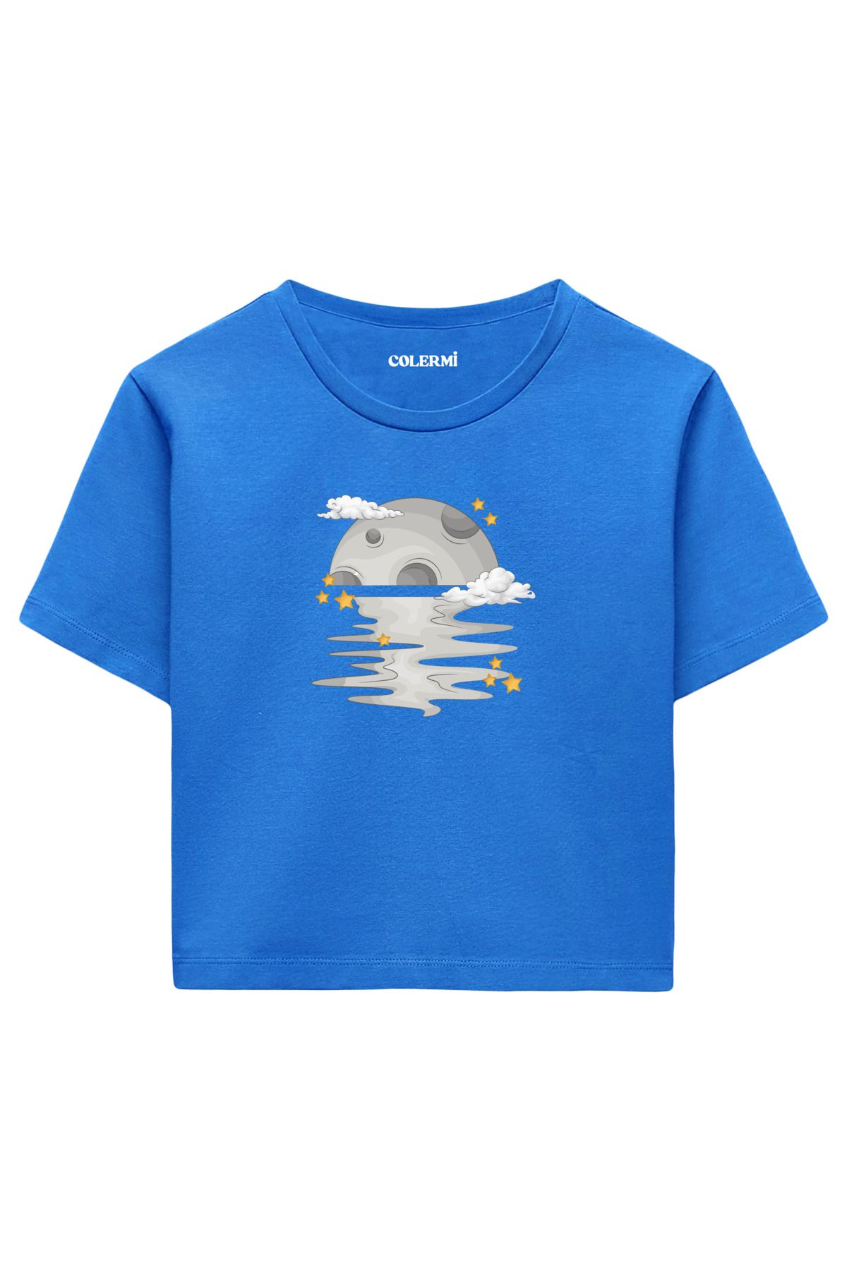 Colermi Yansıyan Ay ve Yıldızlar %100 Pamuk Kadın Crop Tshirt