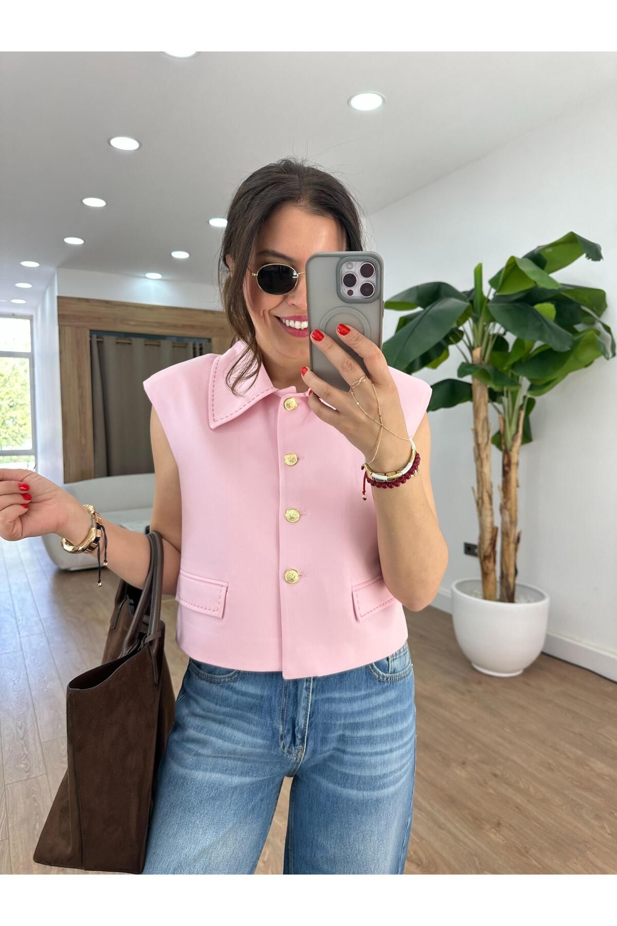 2she Düğmeli Kısa Yelek - Pembe