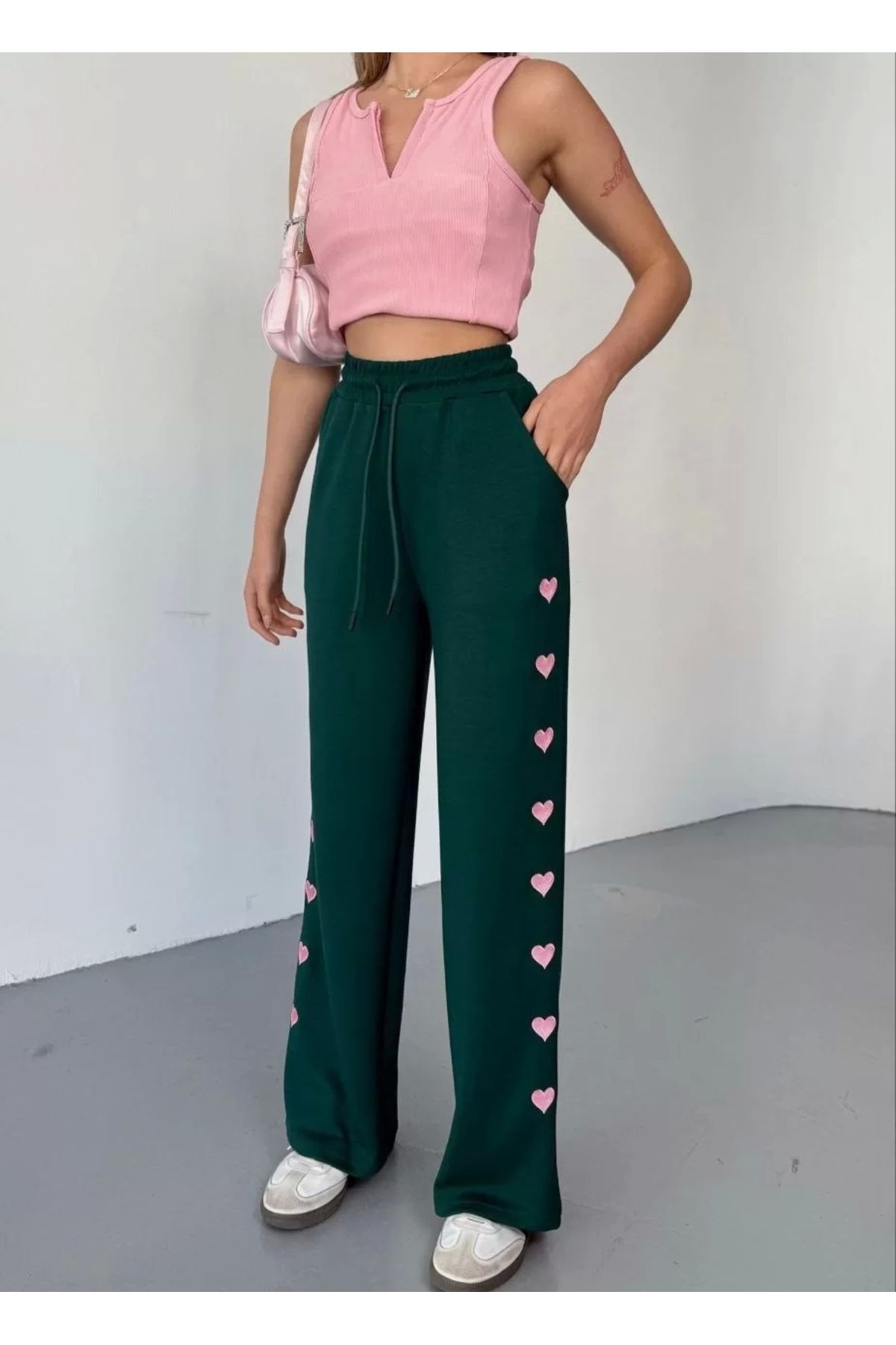 CVS Osy Modal Yumuşak Dokulu Kumaş Nakış işlemeli Rahat Bol Paça Eşofman Pantalon - Haki