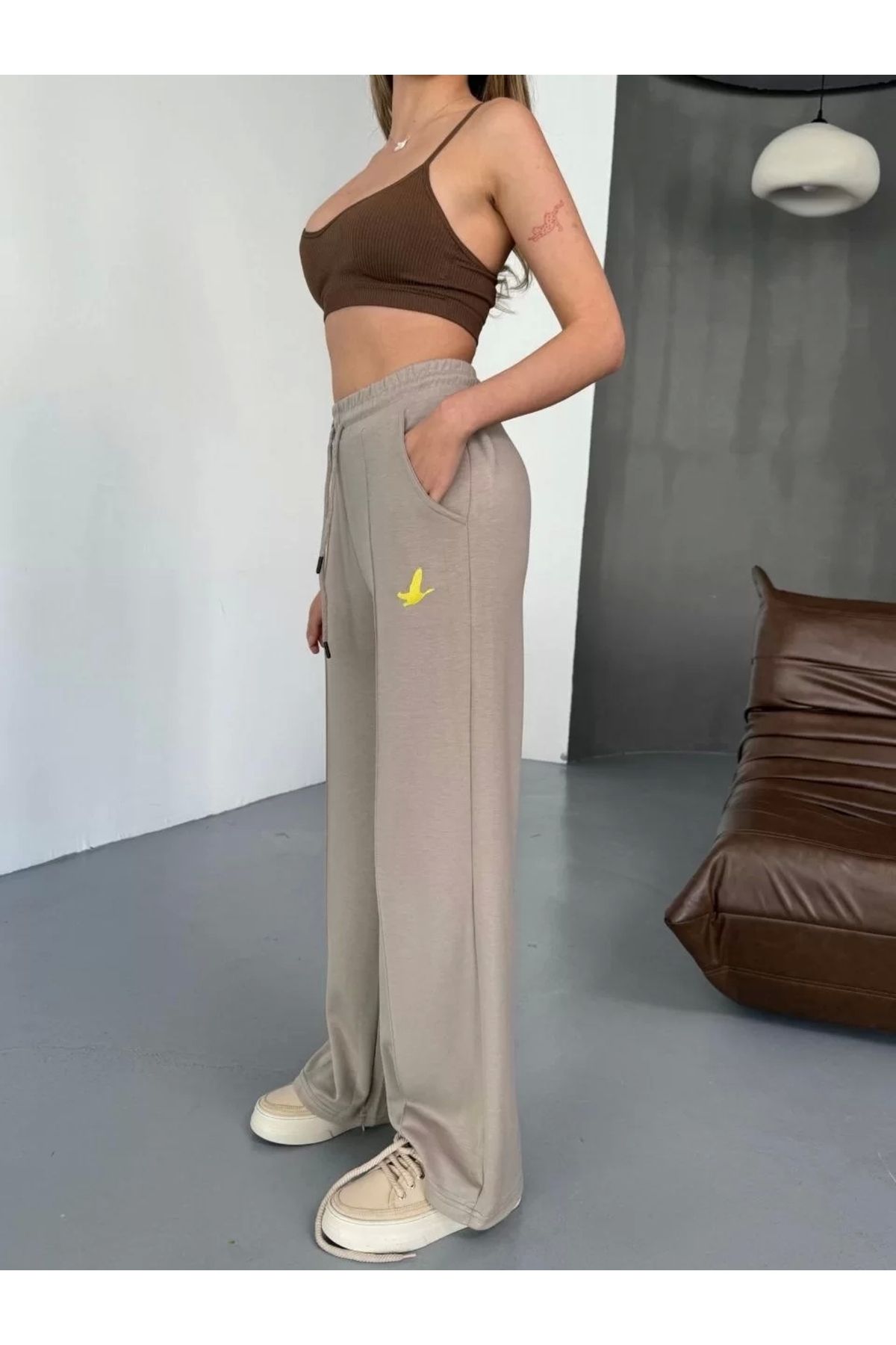 CVS Osy Modal Yumuşak Dokulu Kumaş Nakış işlemeli Rahat Bol Paça Eşofman Pantalon - Bej
