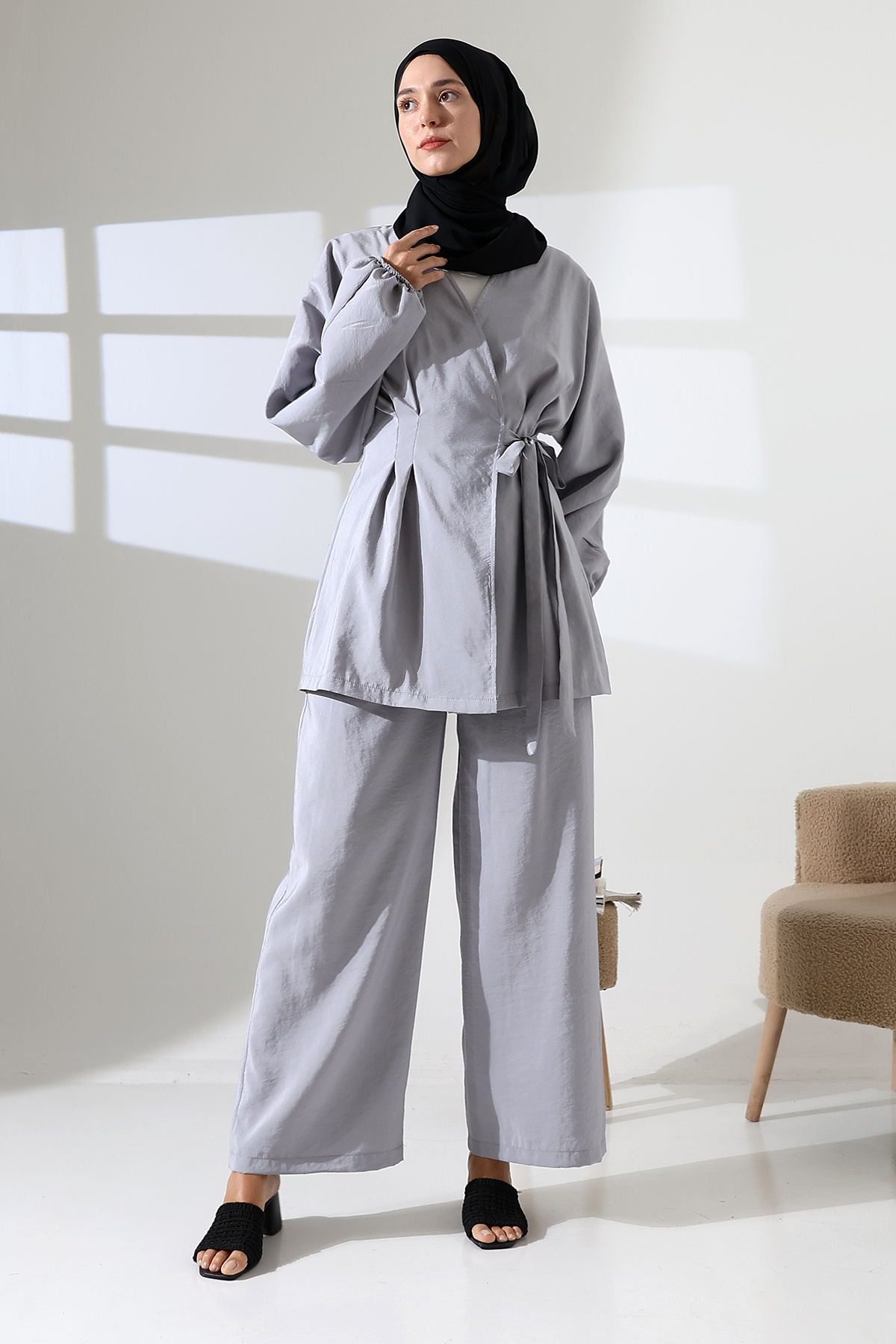 Mihran Butik-Women's 100% Cotton Modal Gray Kimono Pants Hijab Suit 7