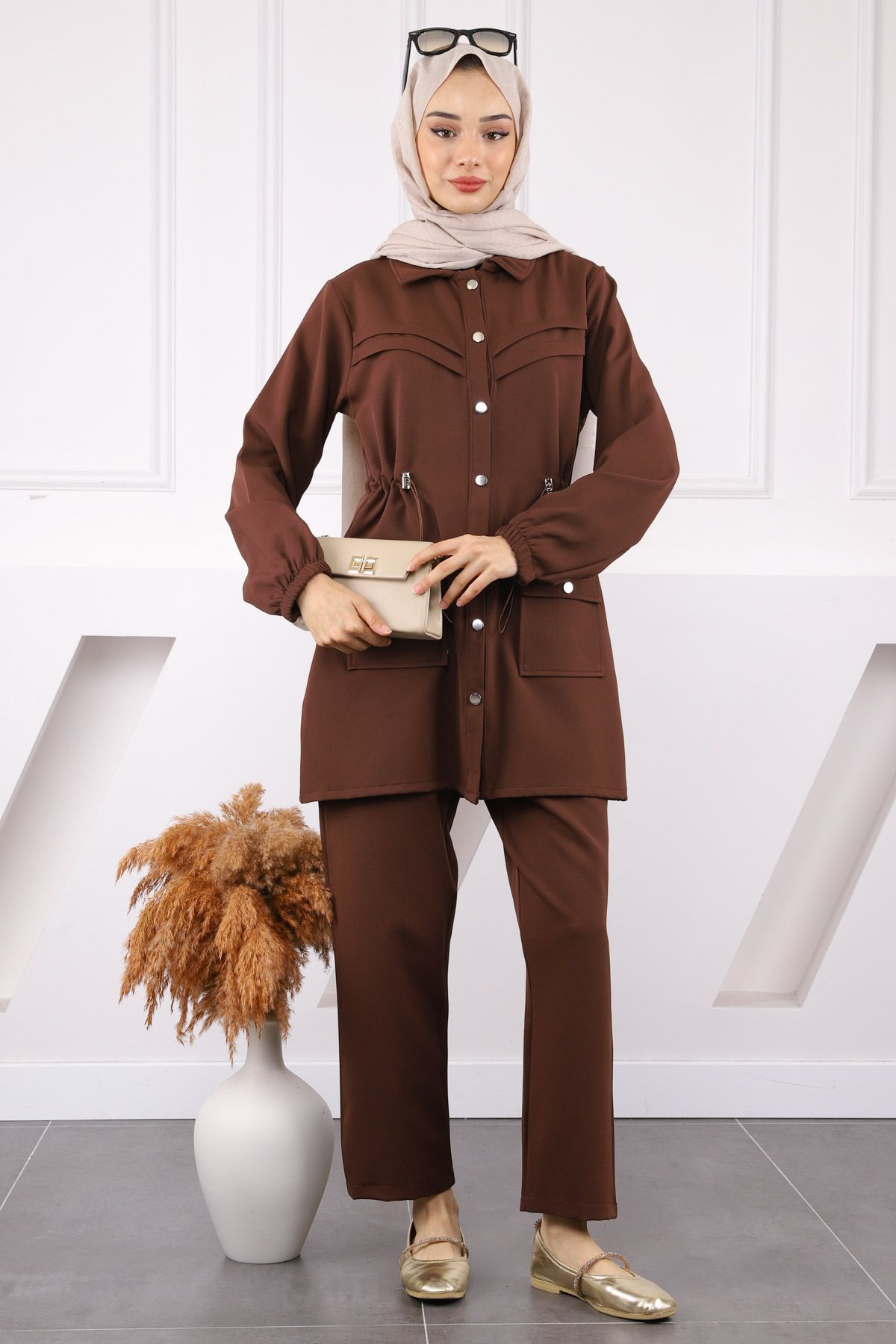 İmajButik Kahverengi Bel Lastikli Tunik Pantolonlu Takım