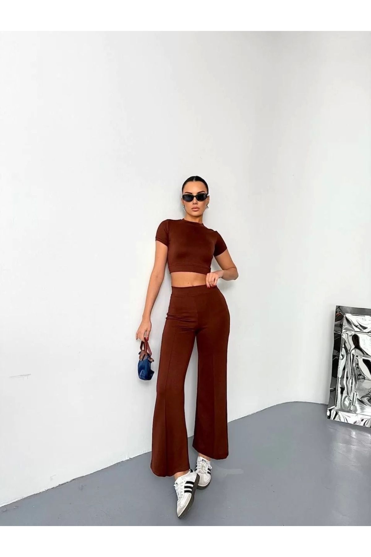 CVS Osy Modal Yumuşak Dokulu Kumaş Kısa Kollu Crop Alt ispanyol Paça Pantalon ikili Takım - Kahverengi