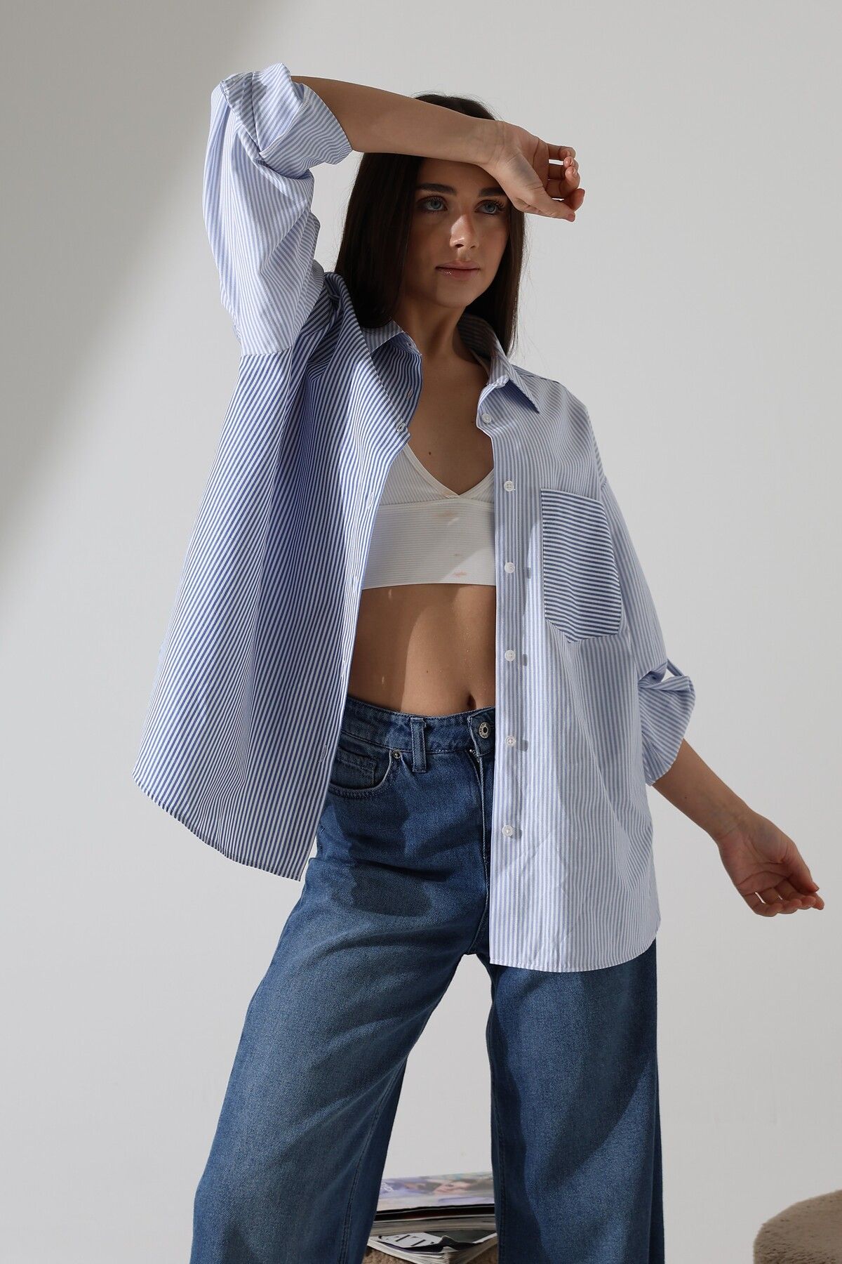 Corradeo Giyim YENİ SEZON Poplin Kumaş Oversize Çizgili Apolitli Tasarım Gömlek