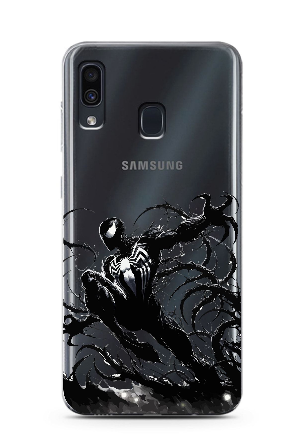 moonset Samsung Galaxy A20 / A30 Uyumlu Siyah Örümcek Tasarımlı Baskılı Şeffaf Telefon Kılıfı
