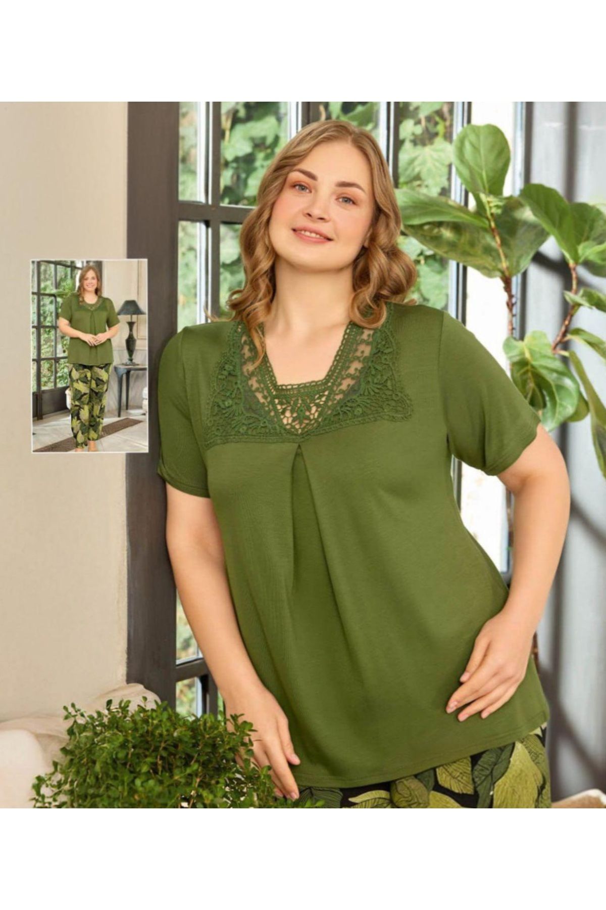 RAHAF TİCARET Büyük Beden Yeşil Pijama Takımı