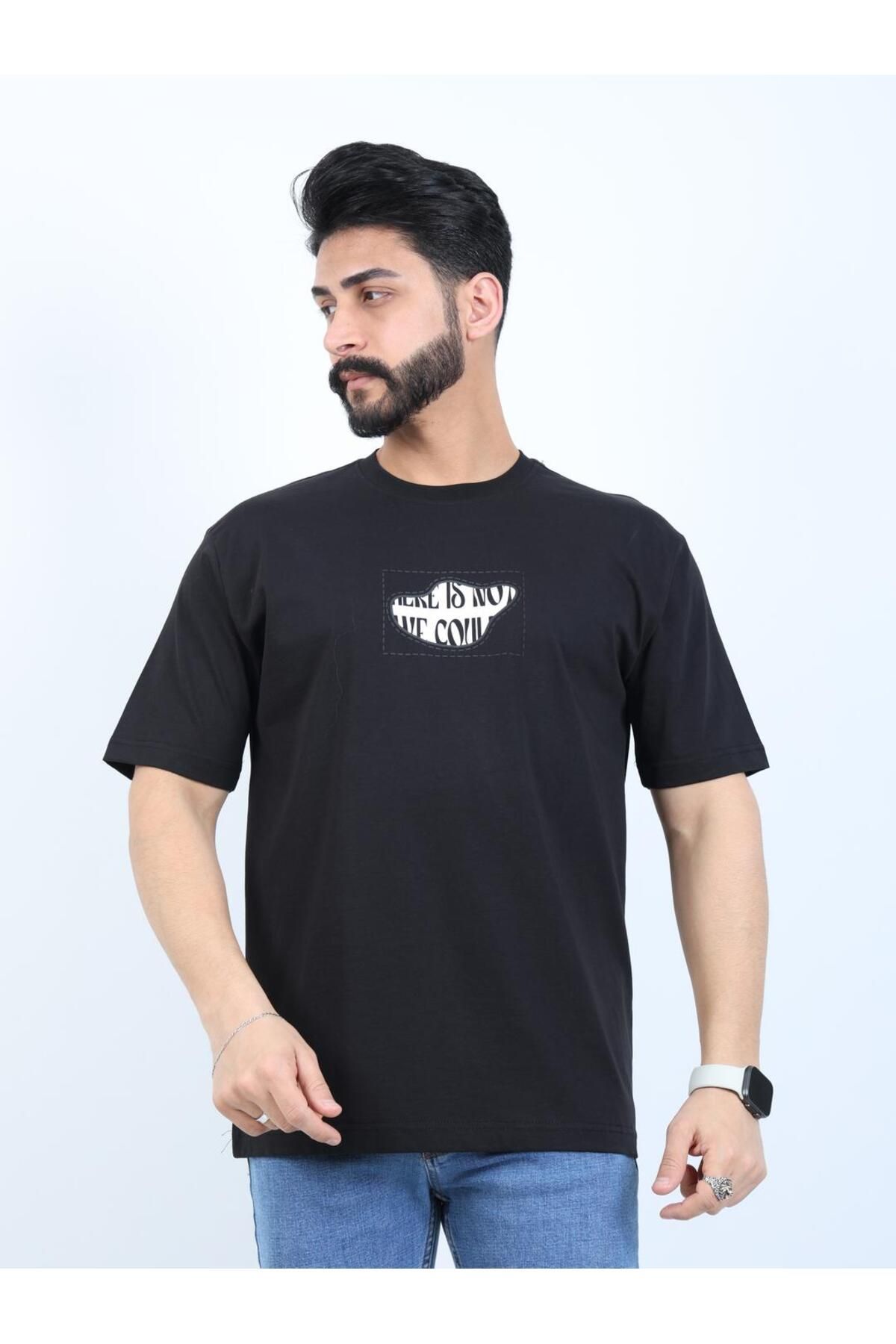 twentyfive25 Erkek Bisiklet Yaka Baskılı Oversize Tişört