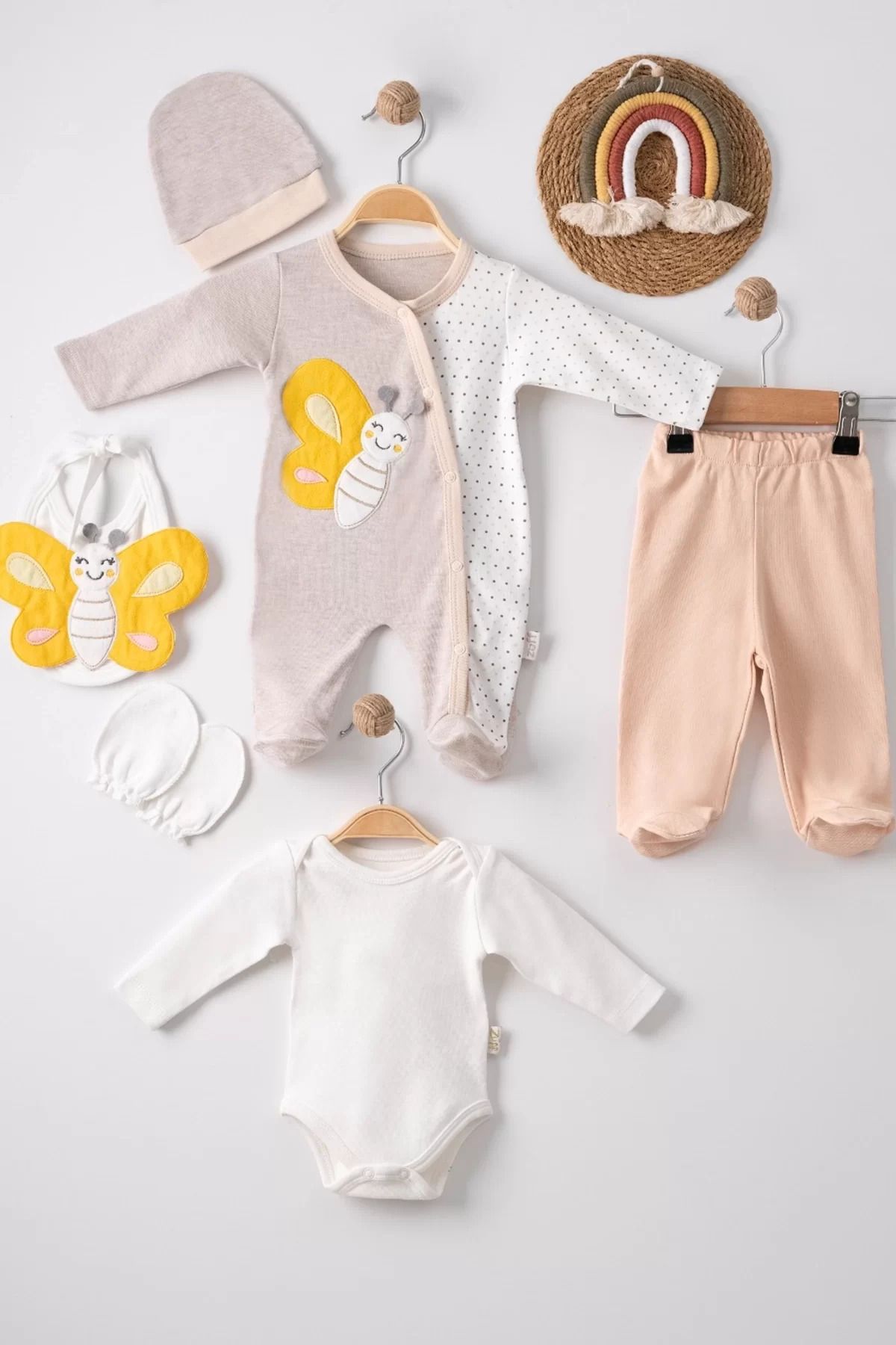 Shop58 Kelebek Nakışlı Tulumlu % 100 Pamuk Erkek Bebek 5'li Set