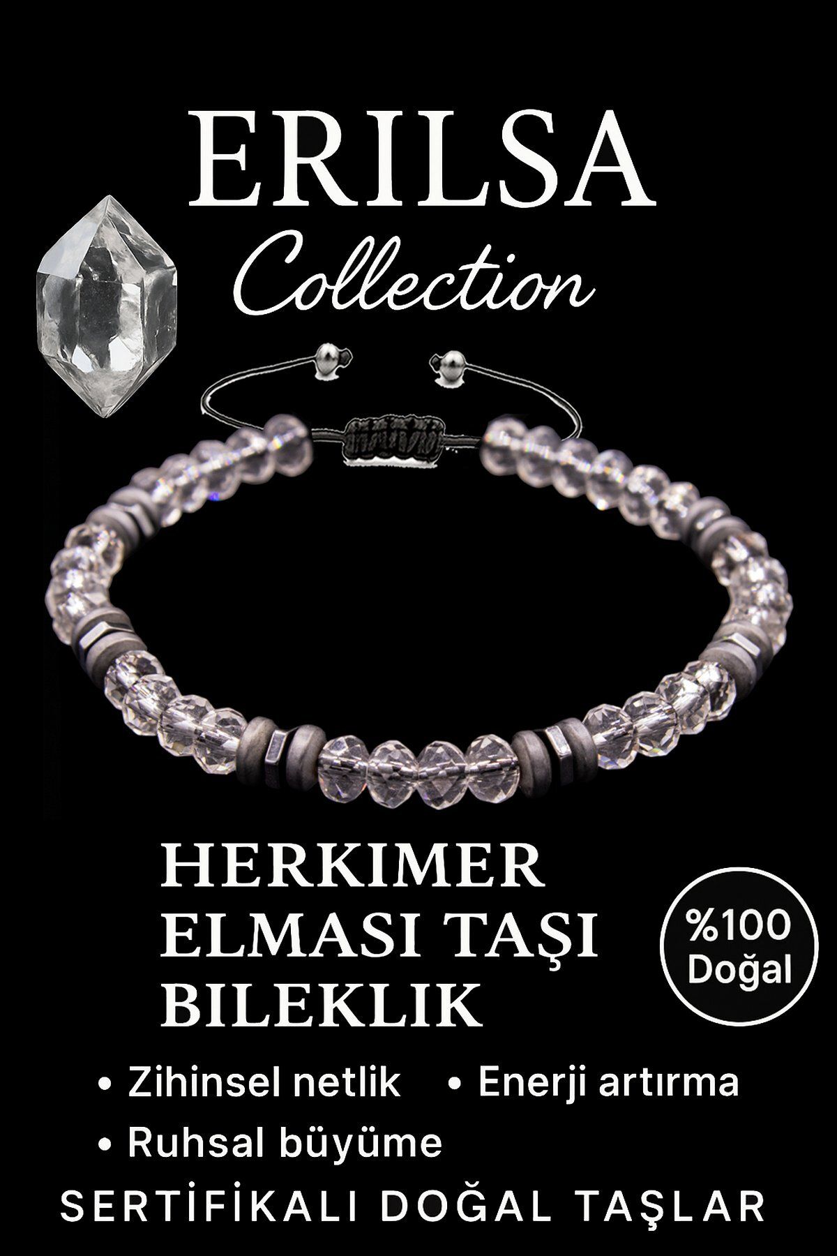 Erilsa Sertifikalı Fasetli AAA+ Terahertz ve Herkimer Elması Bileklik – İnce Model Yüksek Titreşim