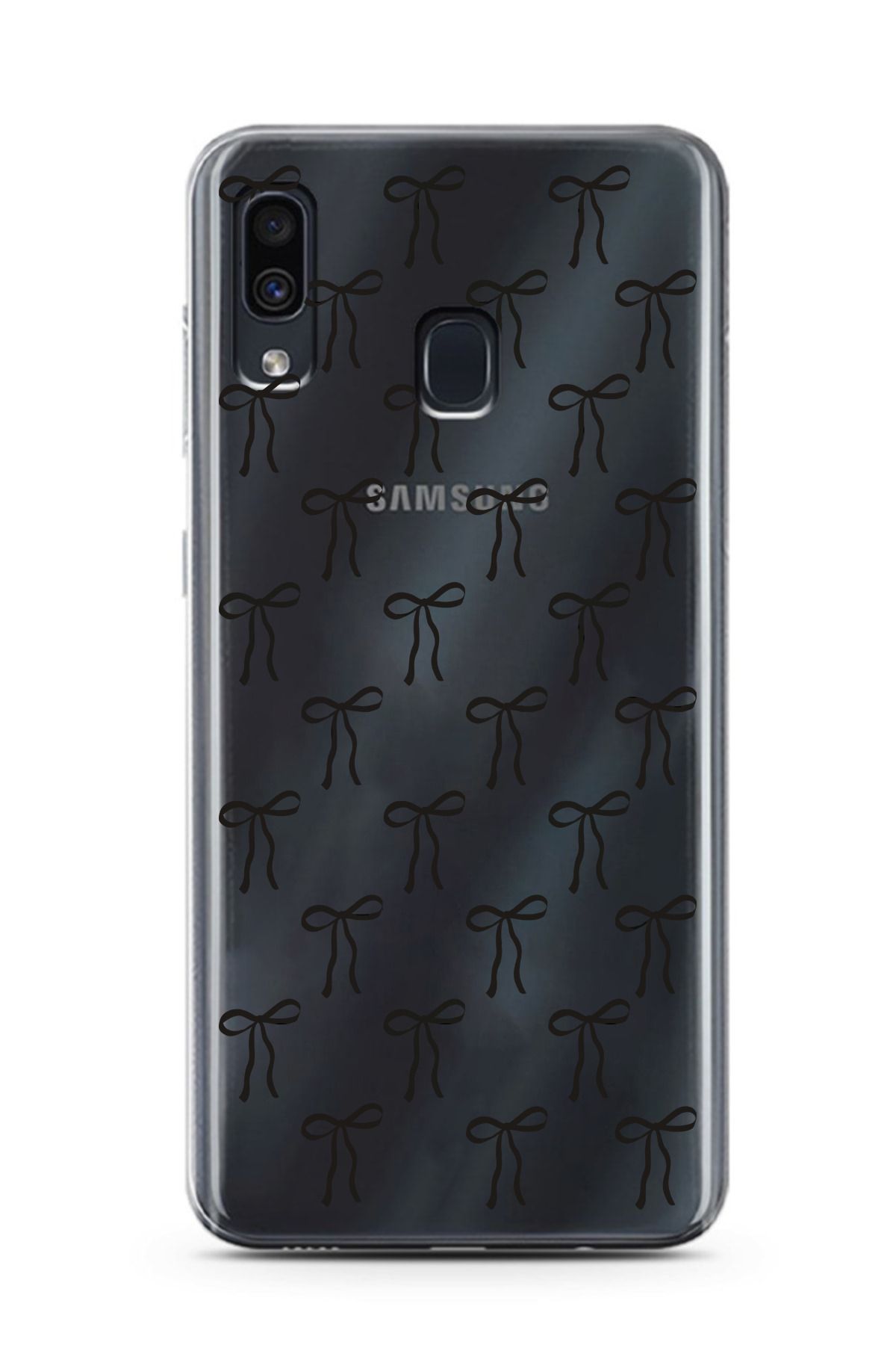 moonset Samsung Galaxy A20 / A30 Uyumlu Siyah Fiyonk Tasarımlı Baskılı Şeffaf Telefon Kılıfı