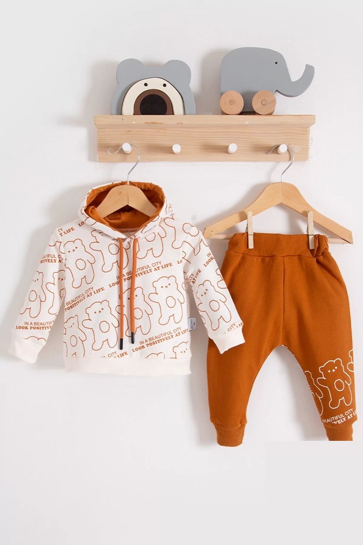 Shop58 Çapraz Bears Kapüşonlu % 100 Pamuk Erkek Bebek Takımı