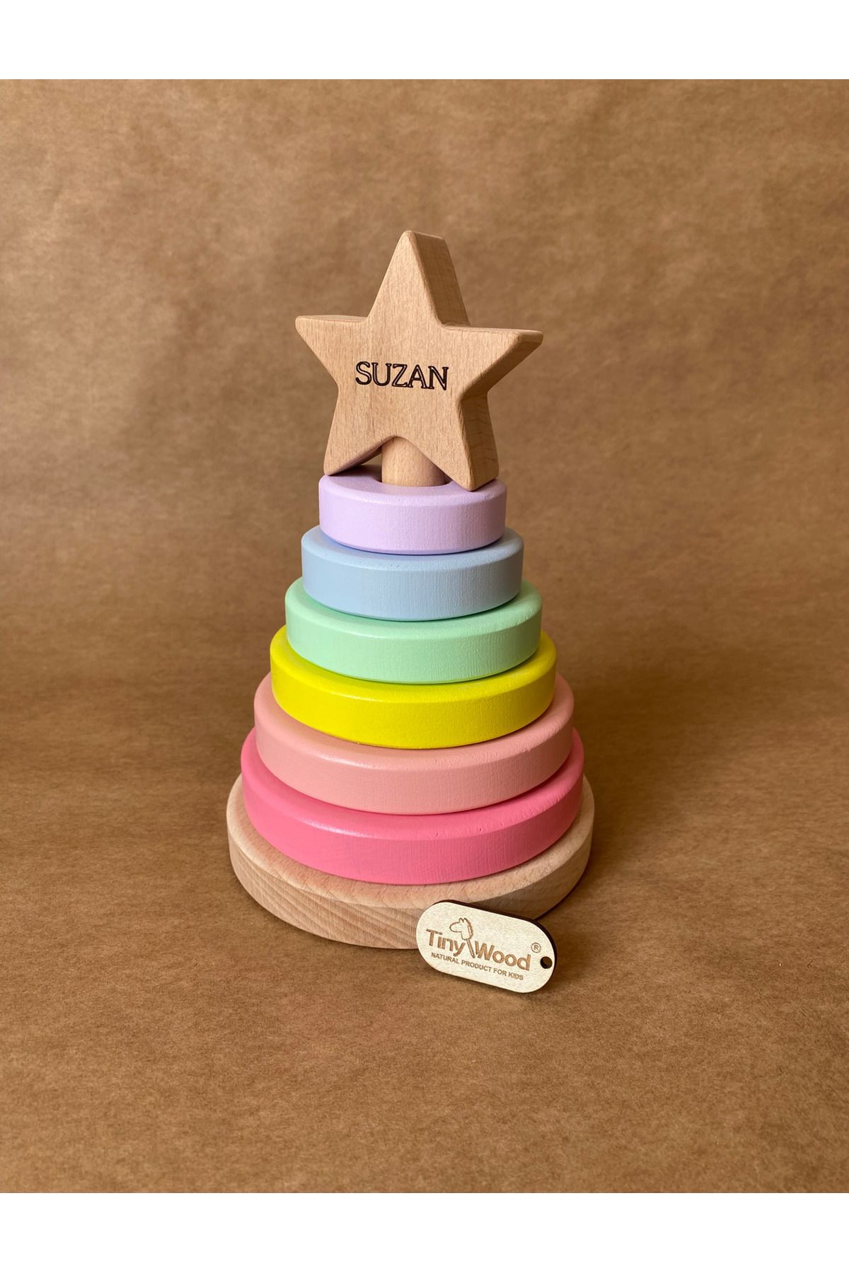 tiny wood İsme Özel Ahşap Yıldız Halka Kule | Montessori Eğitici Oyuncak & Dekoratif Ahşap Hanoi