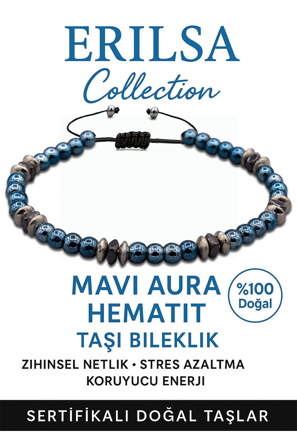 Erilsa Sertifikalı AAA+ Terahertz ve Mavi Aura Hematit İnce Model Bileklik – Aura Koruma