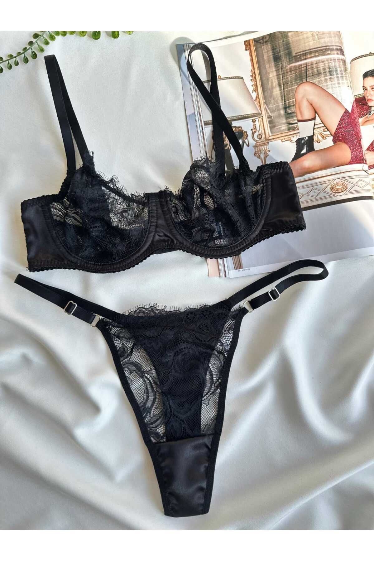 ARONA Saten Görünümlü Dantelli Balenli Kapsız Brode Sütyen Tanga Takım