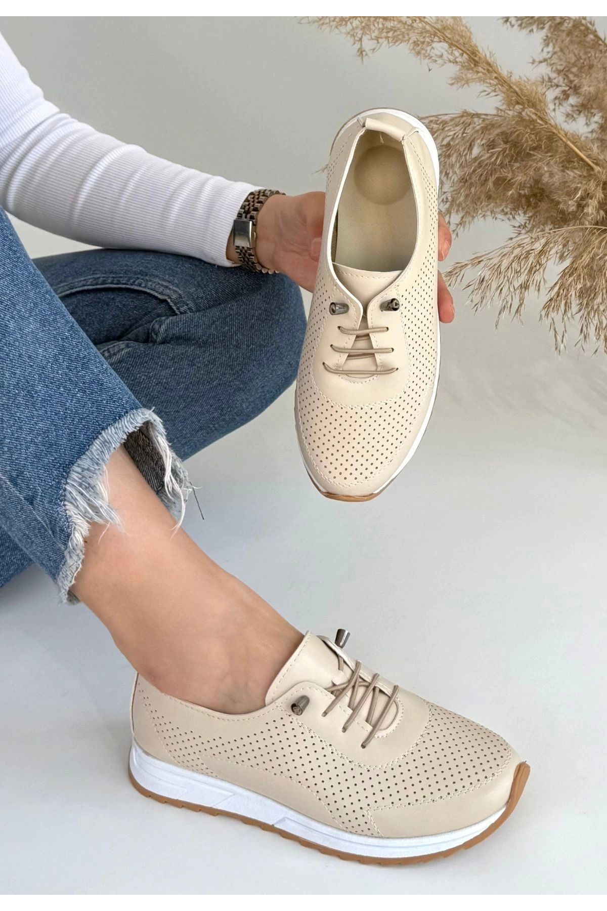 Shop58 Tone Bej Cilt Bağcıklı Spor Ayakkabı