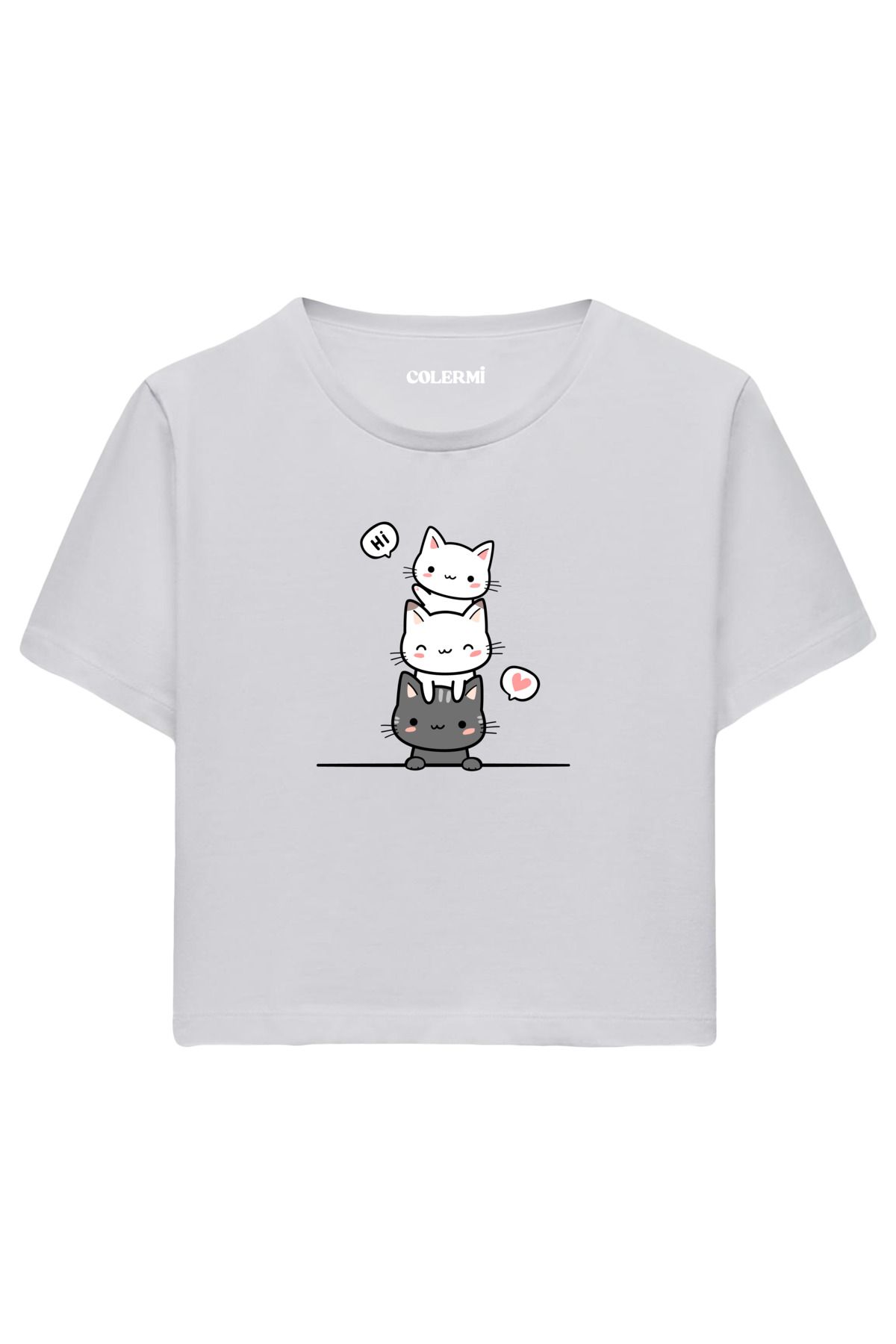 Colermi Üç Sevimli Kedi İllüstrasyonlu %100 Pamuk Kadın Crop Tshirt