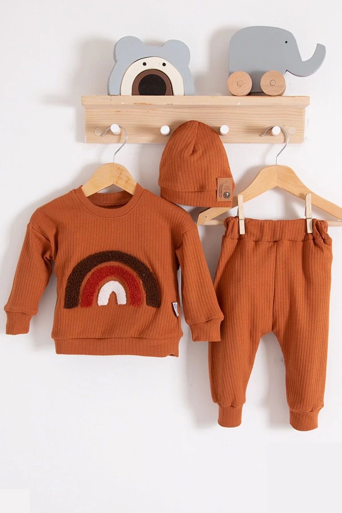 Shop58 Gökkuşağı Nakışlı 2'li % 100 Pamuk Erkek Bebek Takımı