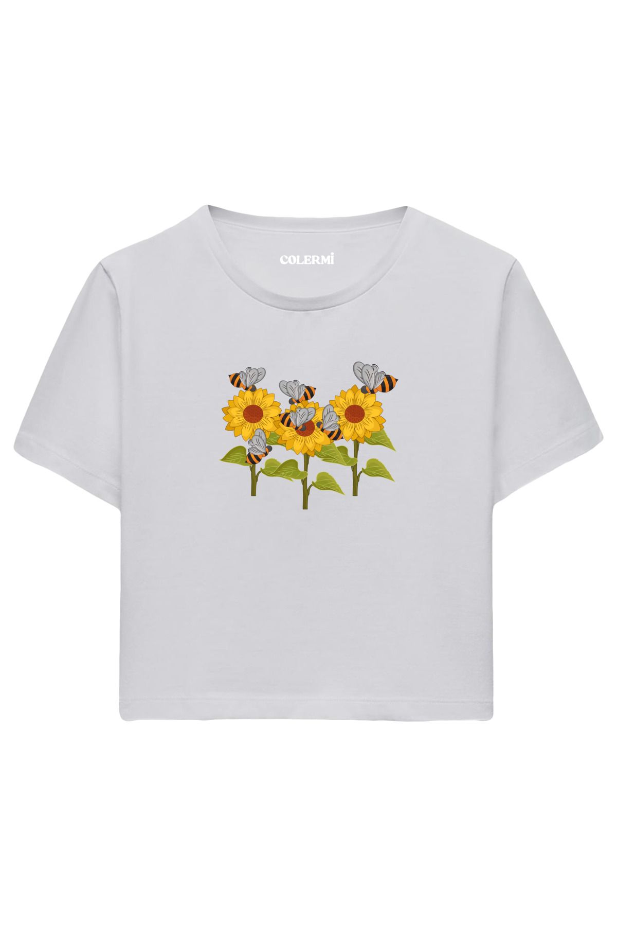 Colermi Ayçiçeği ve Arı İllüstrasyonlu Kadın Crop Tshirt