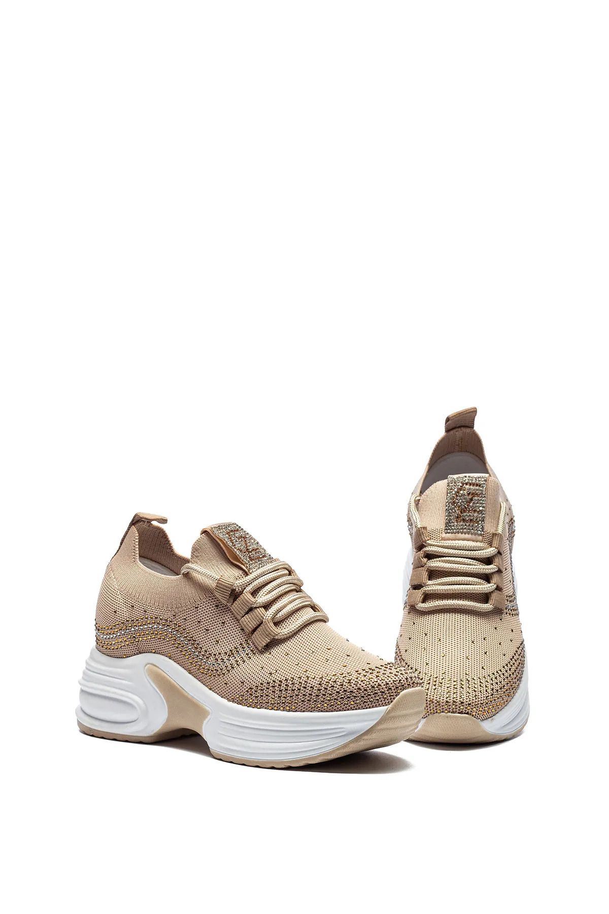 Moda Kadıköy KADIN BEJ GİZLİ TOPUKLU TAŞLI RAHAT YÜKSEK TABAN TRİKO SNEAKER AYAKKABI