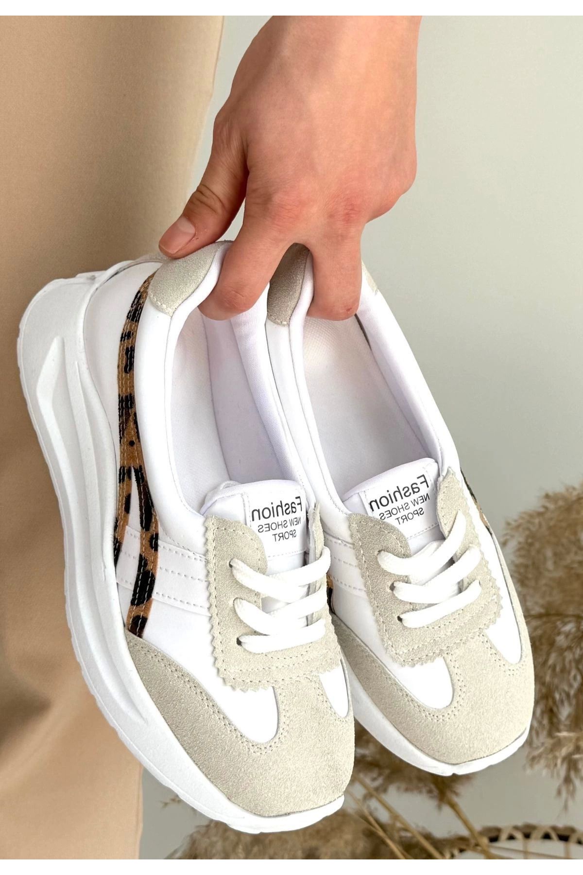 Shop58 Zitta Beyaz Cilt Leopar Detaylı Spor Ayakkabı