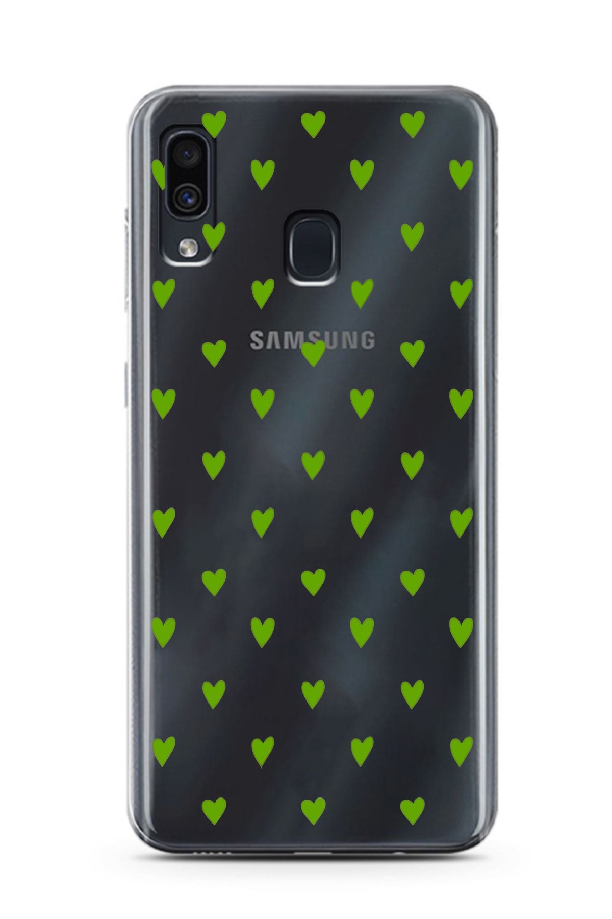 moonset Samsung Galaxy A20 / A30 Uyumlu Yeşil Kalpler Tasarımlı Baskılı Şeffaf Telefon Kılıfı