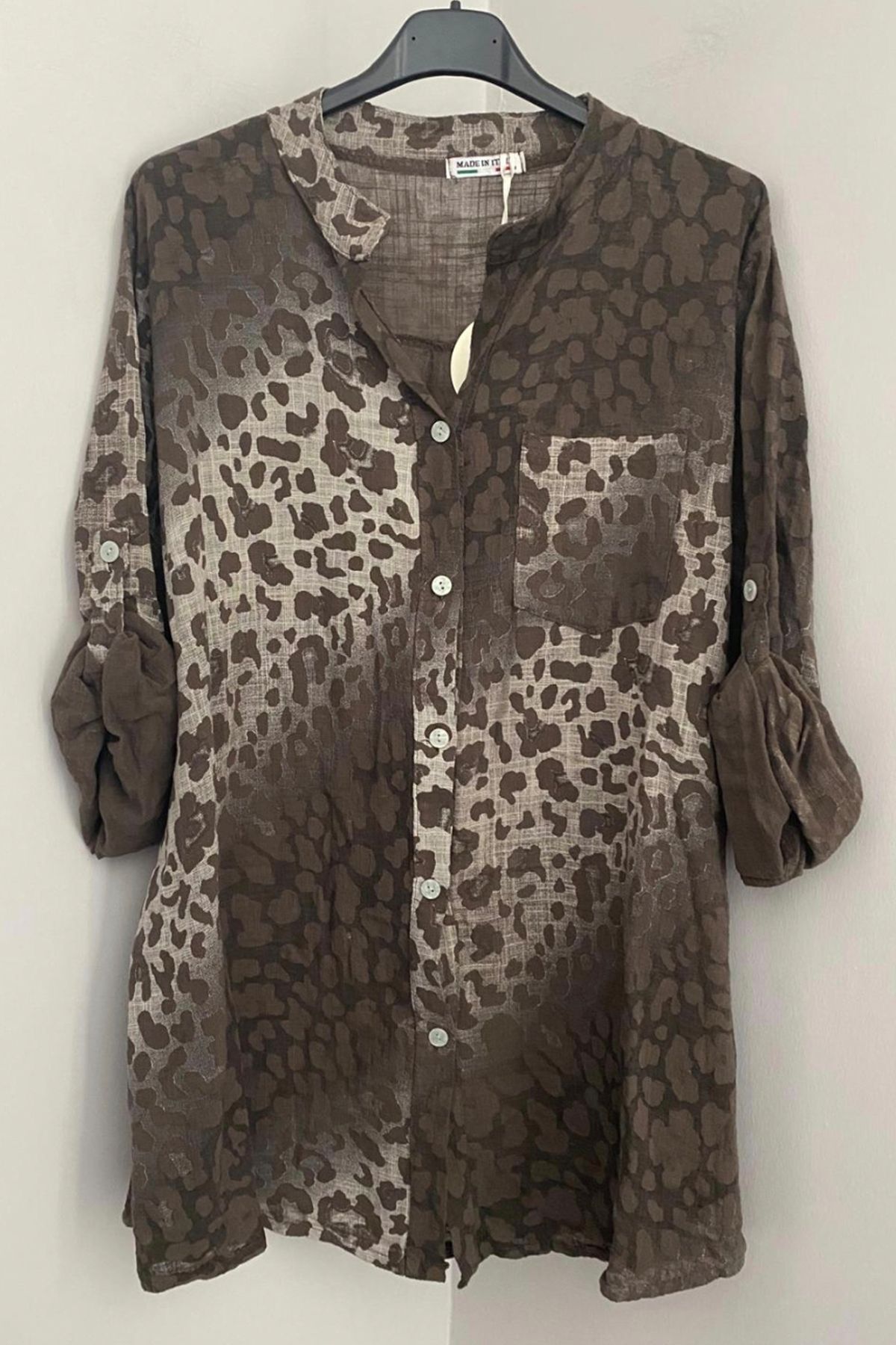 AYASOFYA OTANTIK Kadın İtalyan Kahverenk Batik Leopar Desenli Katlanan Yetim Kollu %100 Pamuk Gömlek Bluz