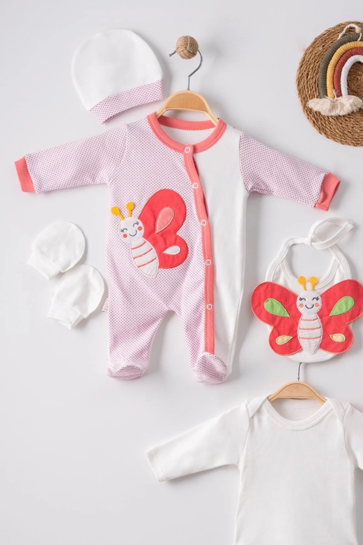 Shop58 Kelebek Nakışlı Puanlı Tulumlu % 100 Pamuk Kız Bebek 5'li Set