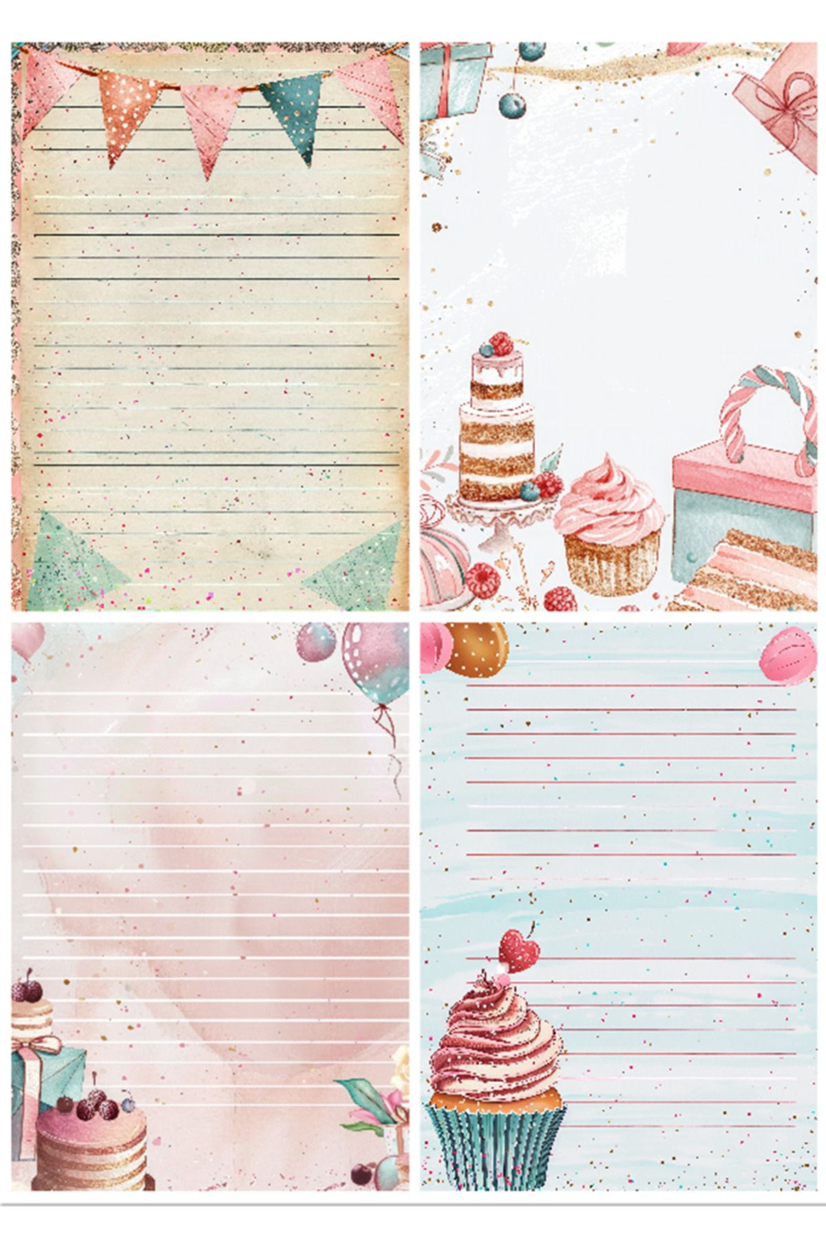 Hiras Dizayn 20adet Doğumgünü Desenleri Cupcake Pasta Desenli A4 Sevimli Etkinlik Mektup Kağıdı Resimli A4