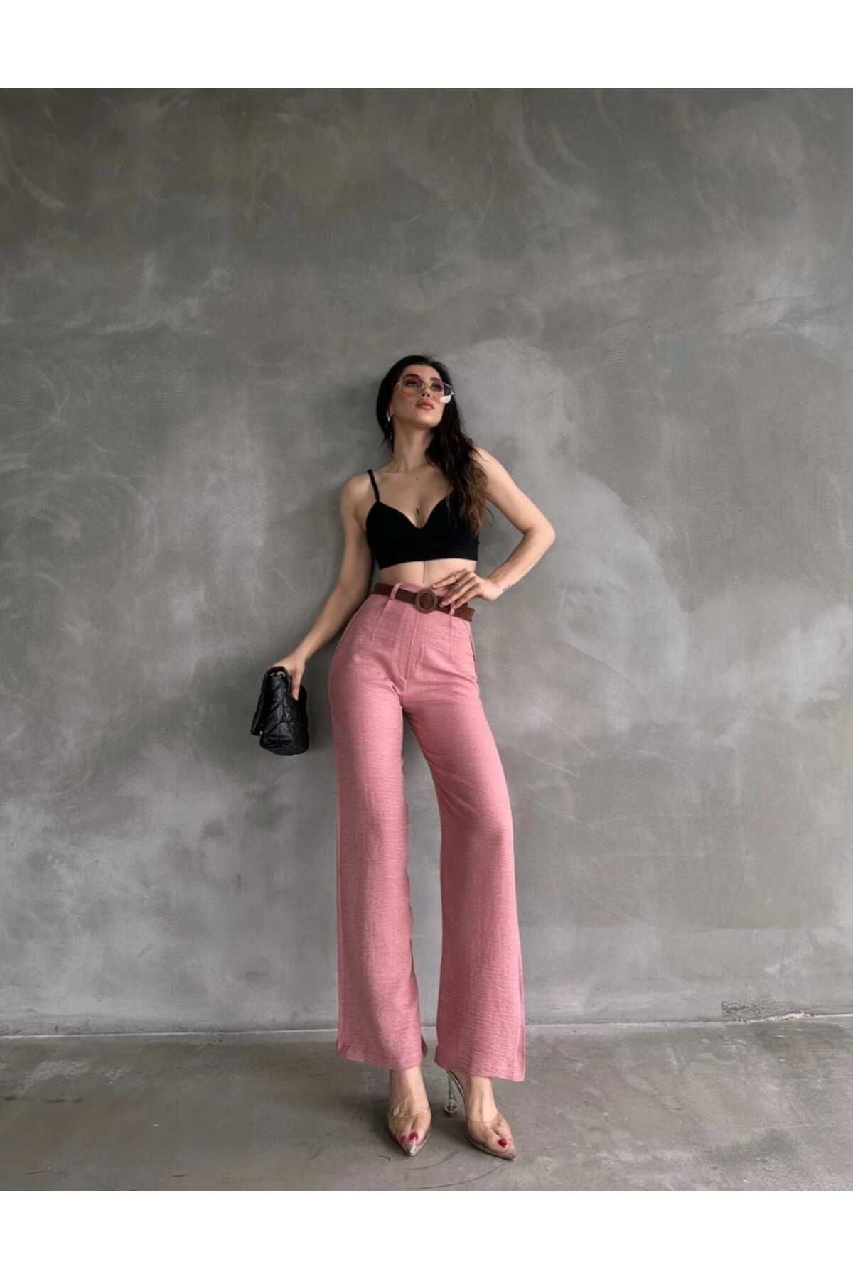 zienna Beli Kemerli Keten Pantolon