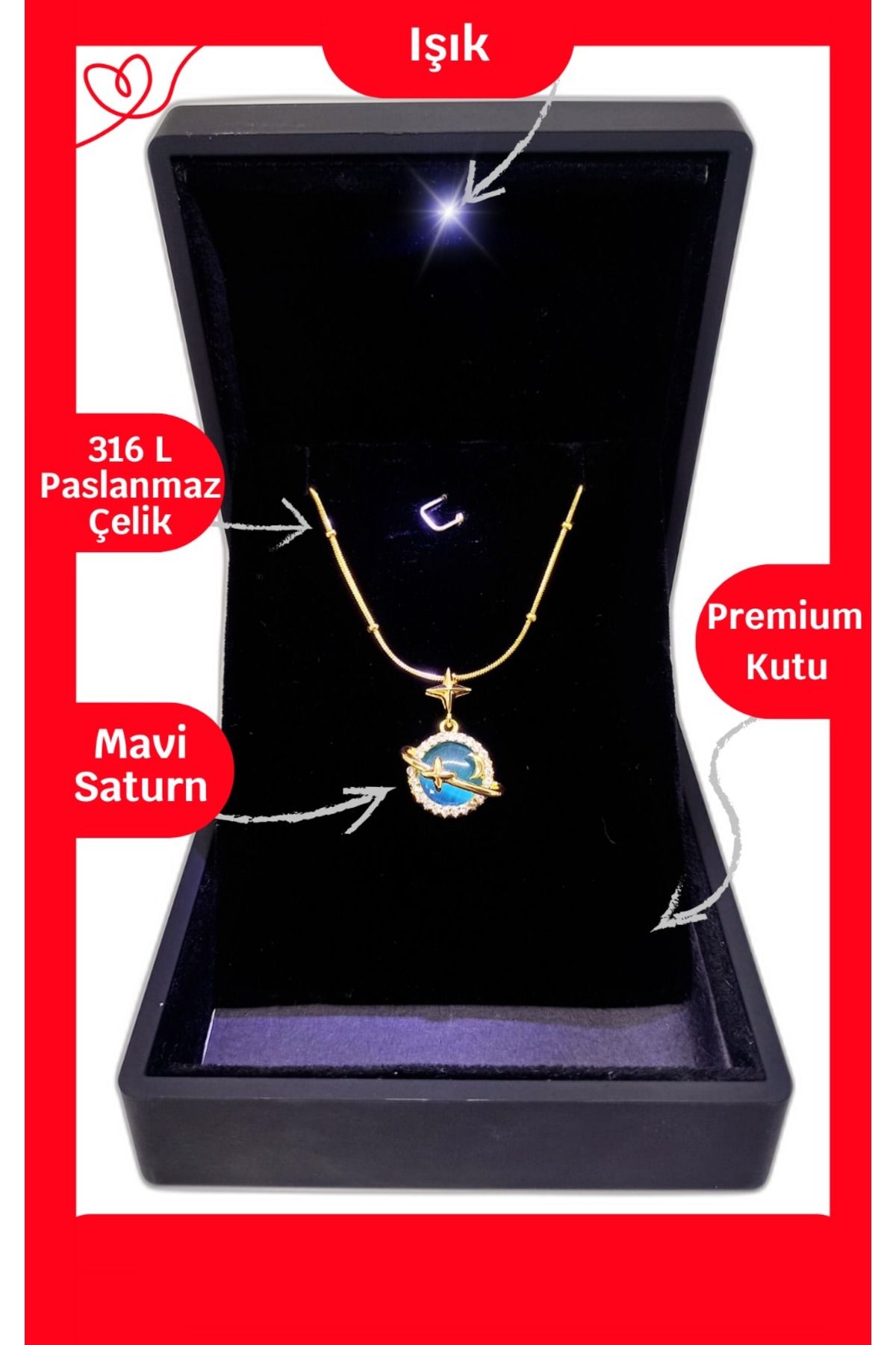 ganispe Işıklı Premium Kutuda Satürn Star Kolye Mavi Gold Renk | Anneler Günü Hediyesi