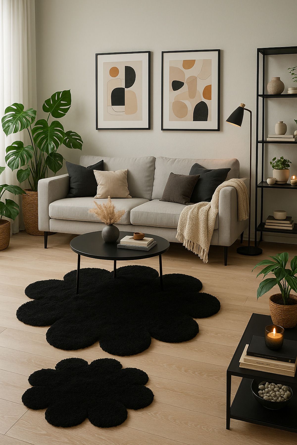 Paco Home Çiçek Desenli Yumuşak Salon Halısı Modern Minimalist Dekoratif Halı 2'li Set (100x100-80x80)