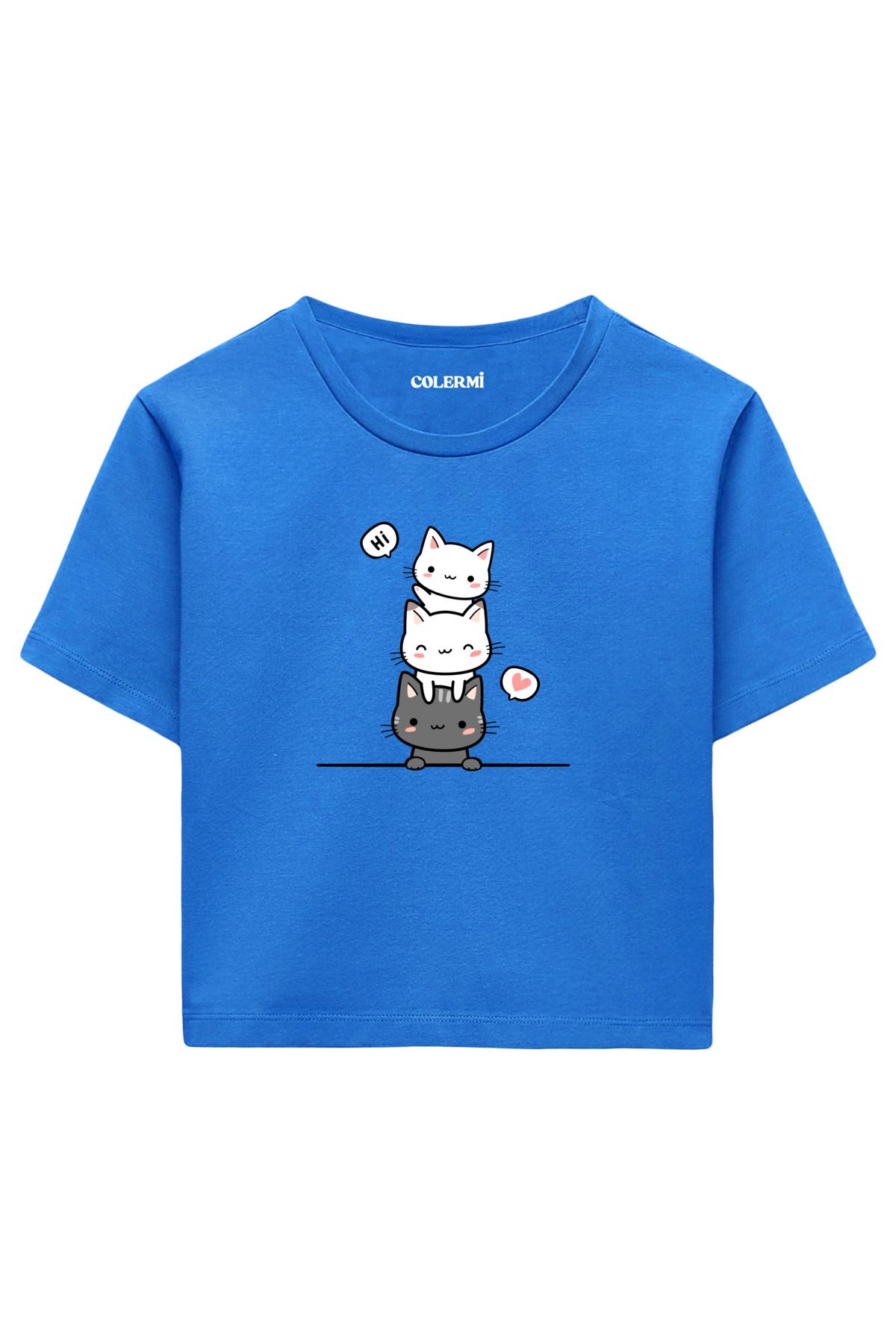 Colermi Üç Sevimli Kedi İllüstrasyonlu %100 Pamuk Kadın Crop Tshirt