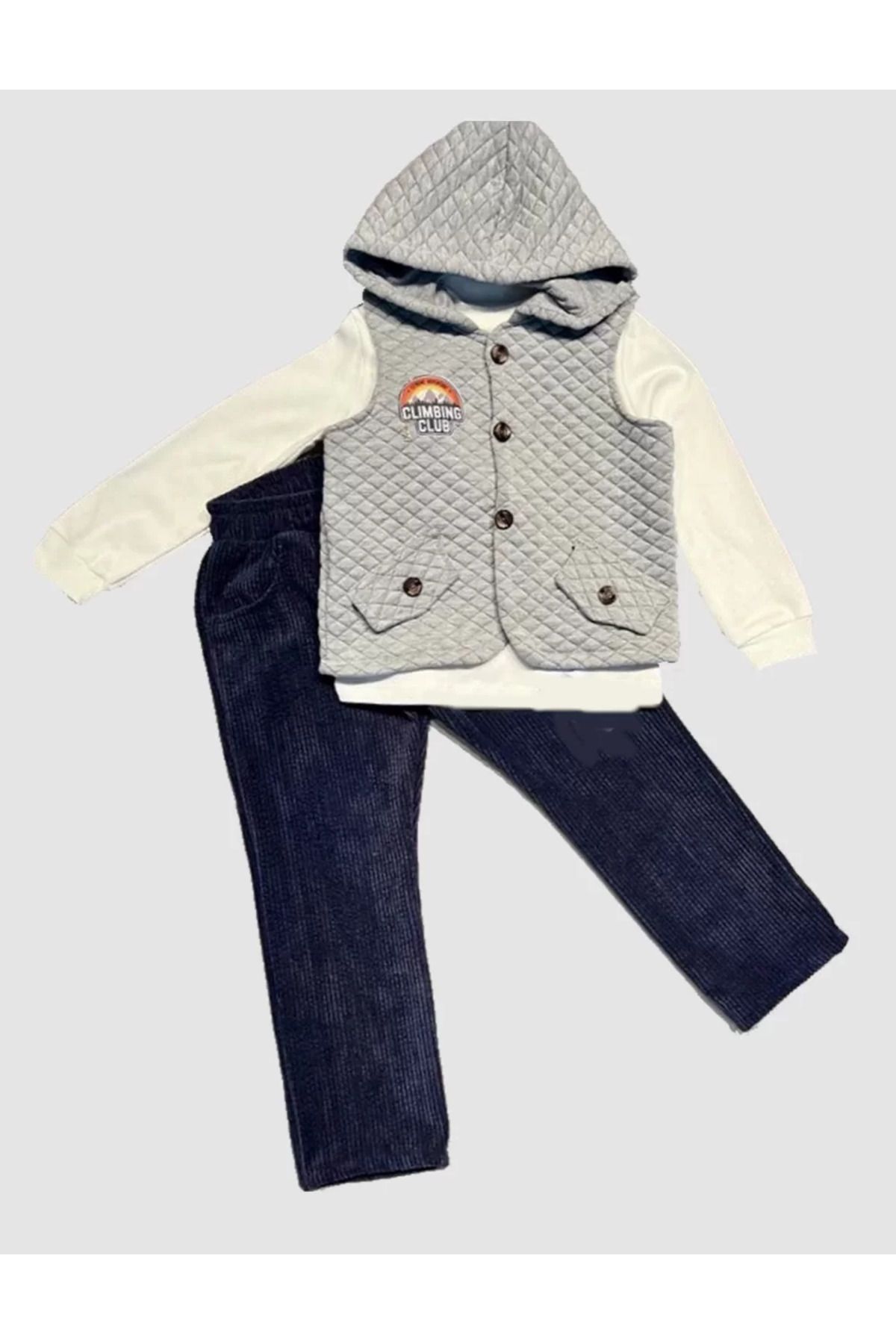 Shop58 3-4-5 Yaş Fitilli Kadife Pantolon Kapitone Kapşonlu Yelek Uzun Kollu Sweat 3lü Erkek Çocuk Takımı
