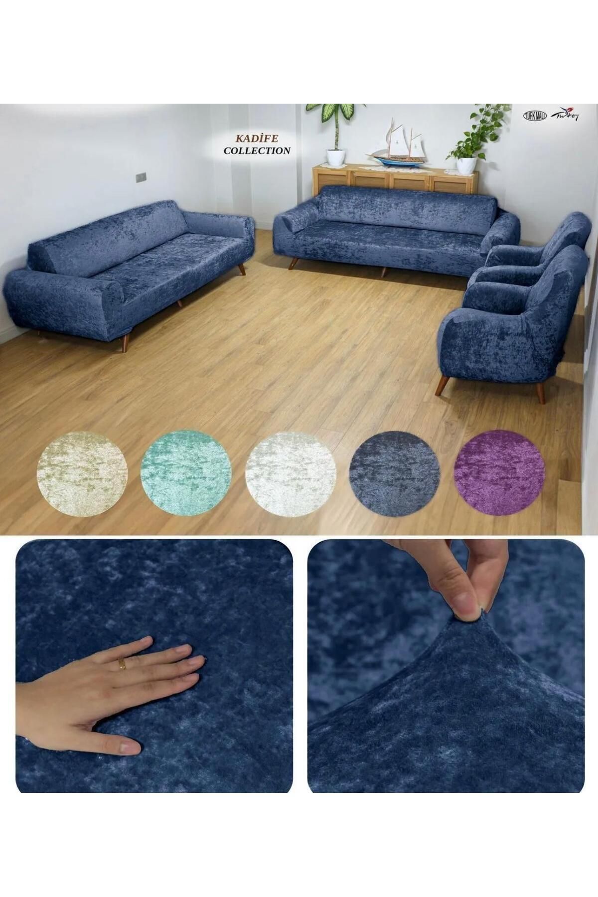 Home Lastikli Kadife Koltuk Örtü Seti 3+2+1+1