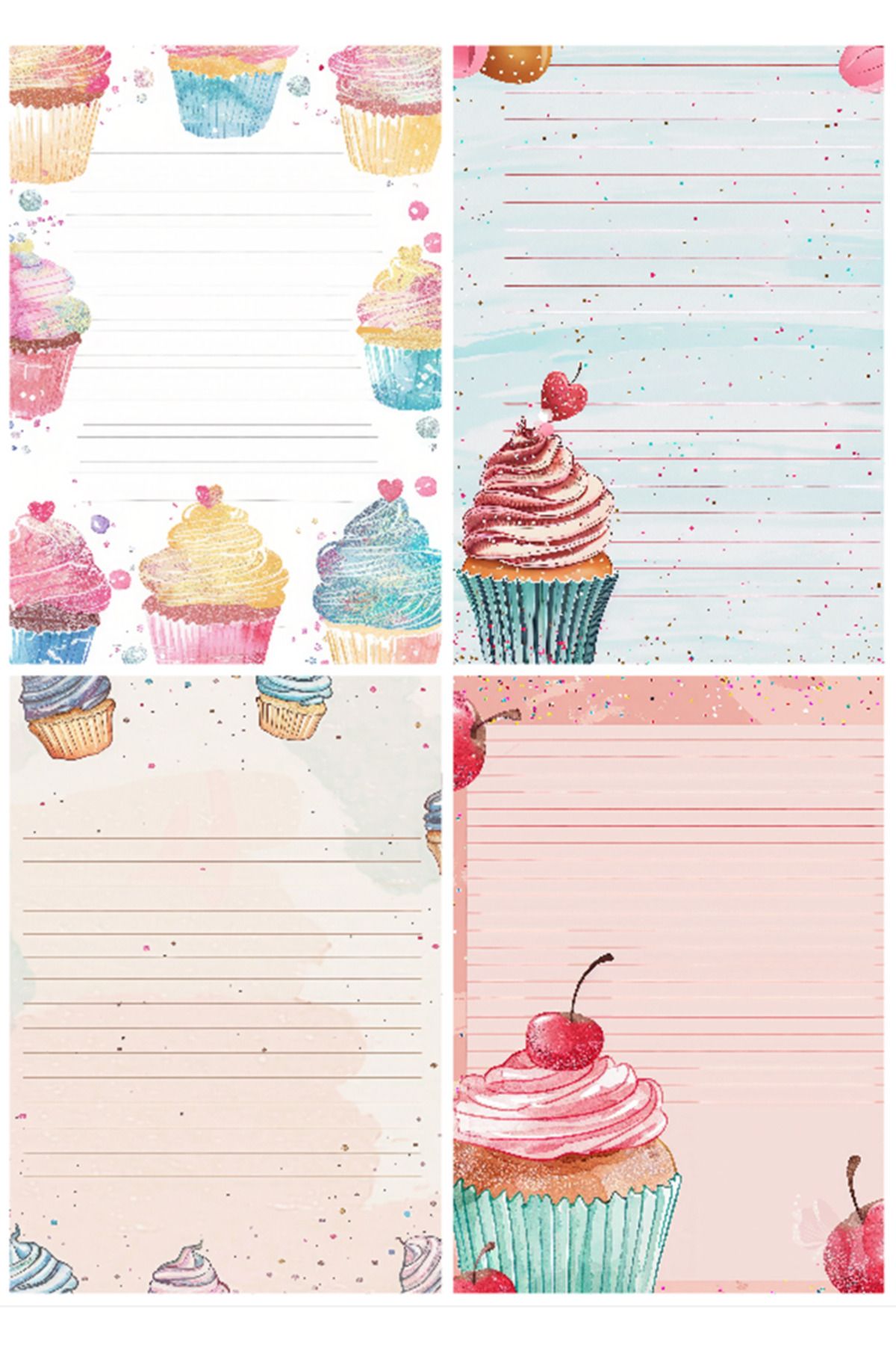 Hiras Dizayn 20adet Cupcake Pasta Doğumgünü Desenli A4 Sevimli Etkinlik Mektup Kağıdı Resimli A4