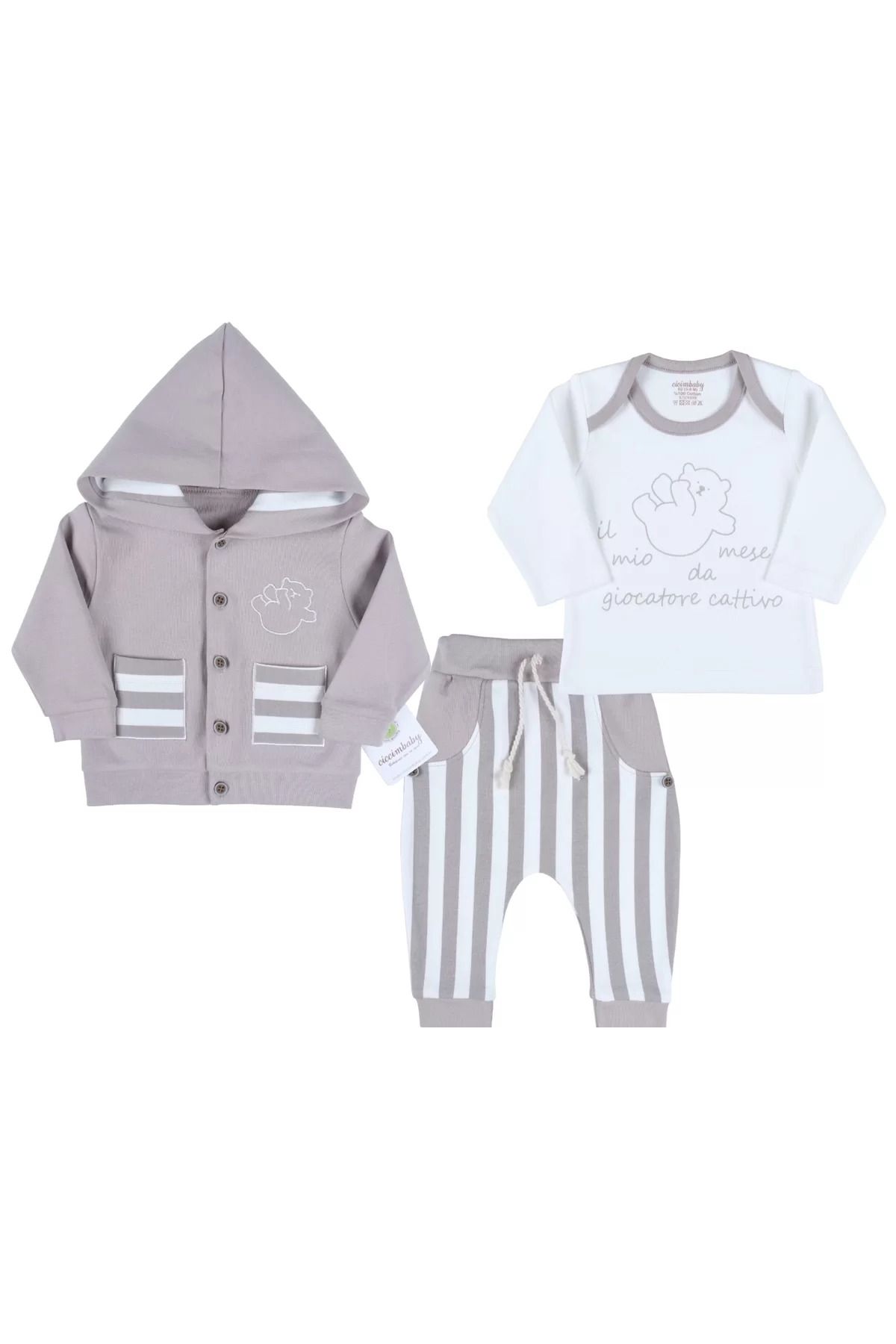 Shop58 Ayıcık Nakışlı Hırkalı % 100 Pamuk Erkek Bebek Takım