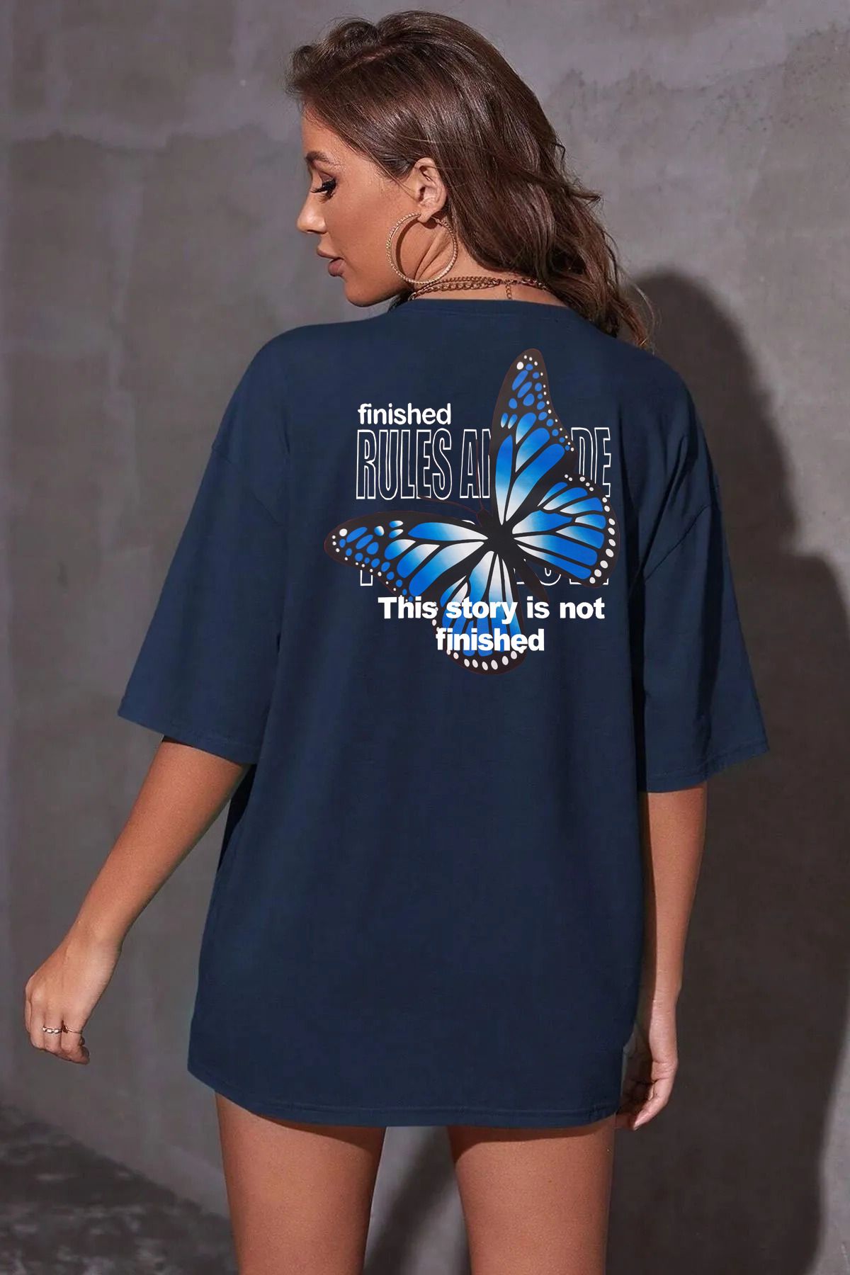 memowear Unisex Mavi Kelebek Baskılı Rahat Kesim Lacivert T-Shirt