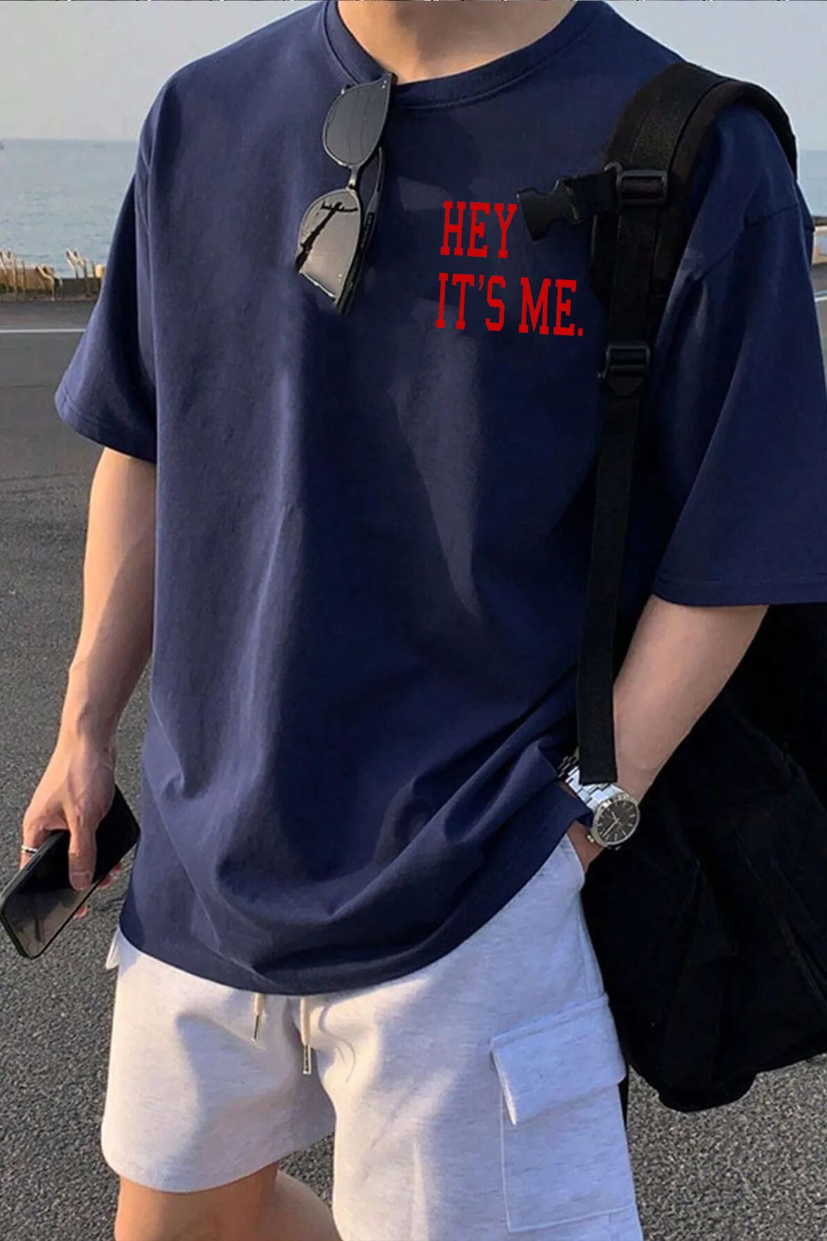 qavnas Unisex Hey IT s me Baskılı Rahat Kesim Lacivert T-Shirt