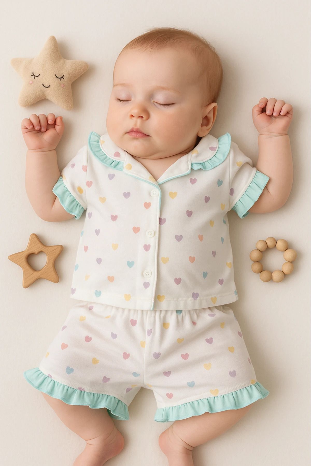 HAVUÇ BEBEK Dolaş Yazlık Renkli Kalpler Baskılı 2’li Bebek Pijama Takım